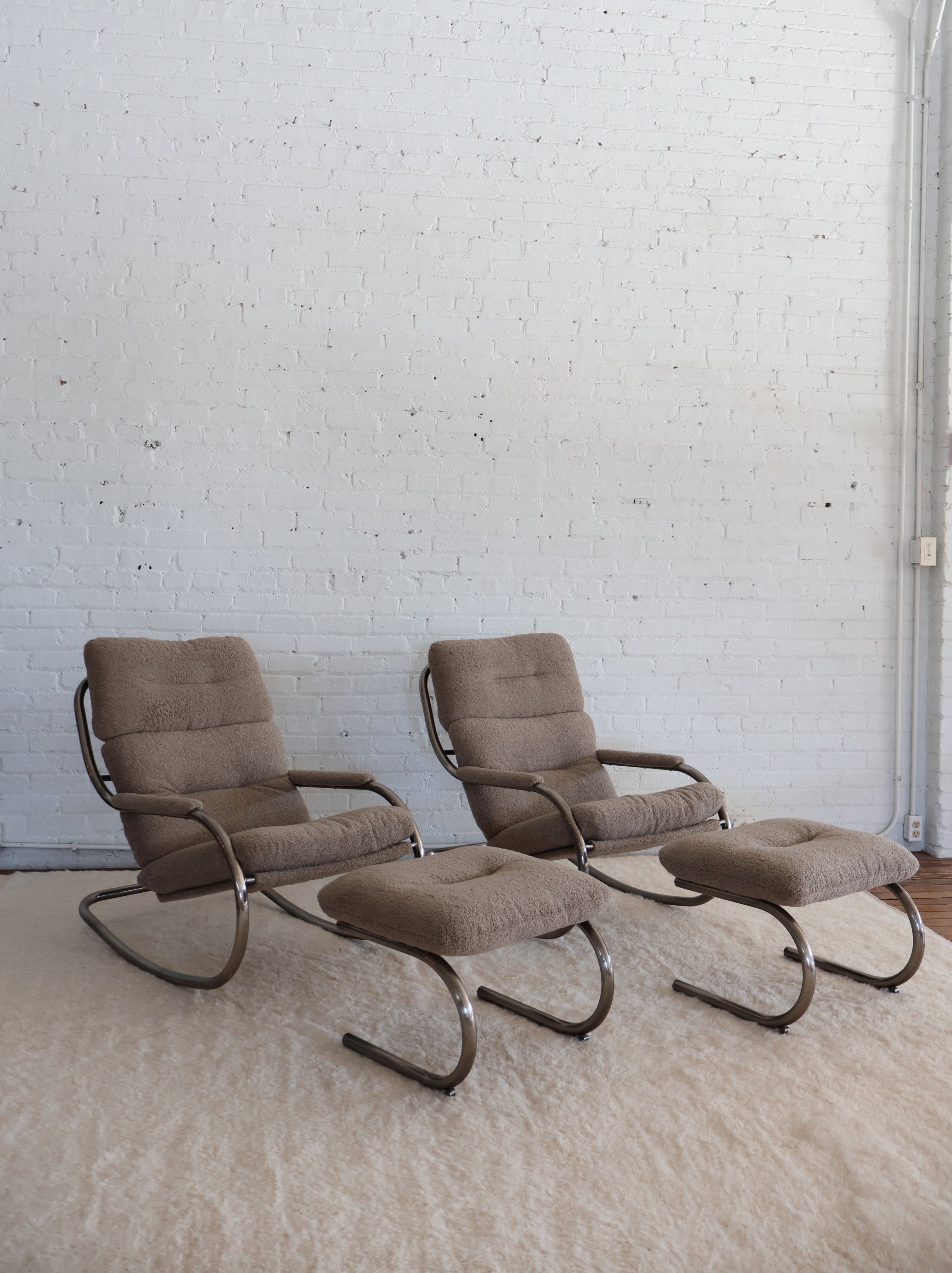 The Vintage Milo Baughman Taupe Boucle Chrome Cantilever Rocking Chair + Ottoman