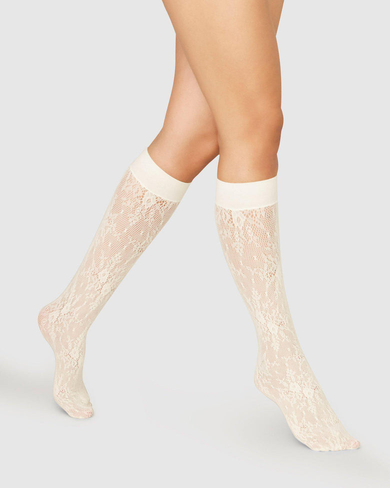 The Rosa Lace Knee-Highs in Ivory by Swedish Stockings