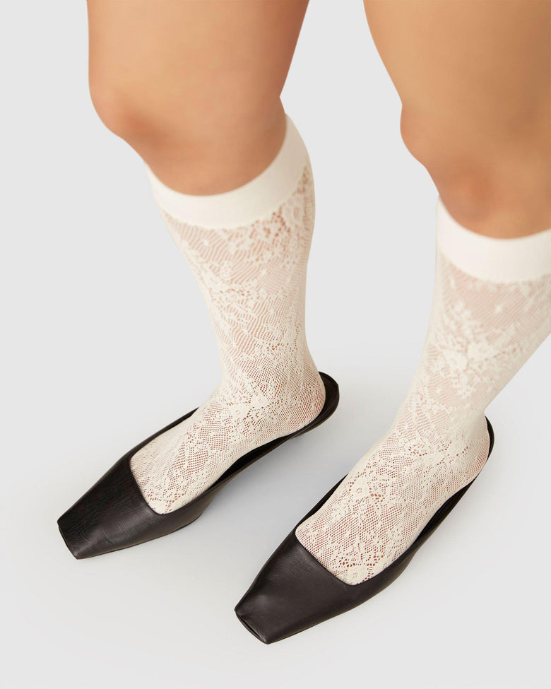 The Rosa Lace Knee-Highs in Ivory by Swedish Stockings