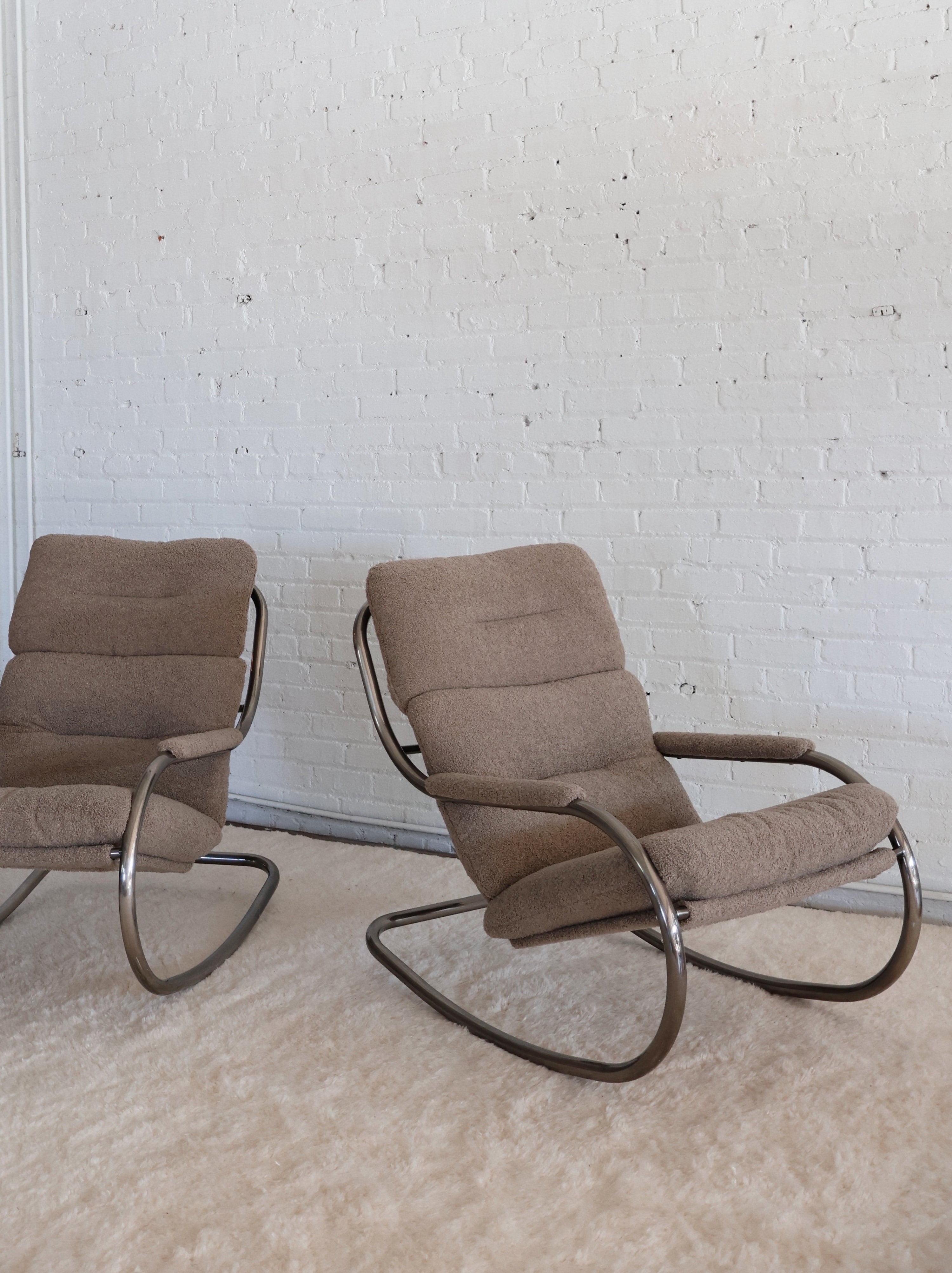 The Vintage Milo Baughman Taupe Boucle Chrome Cantilever Rocking Chair + Ottoman