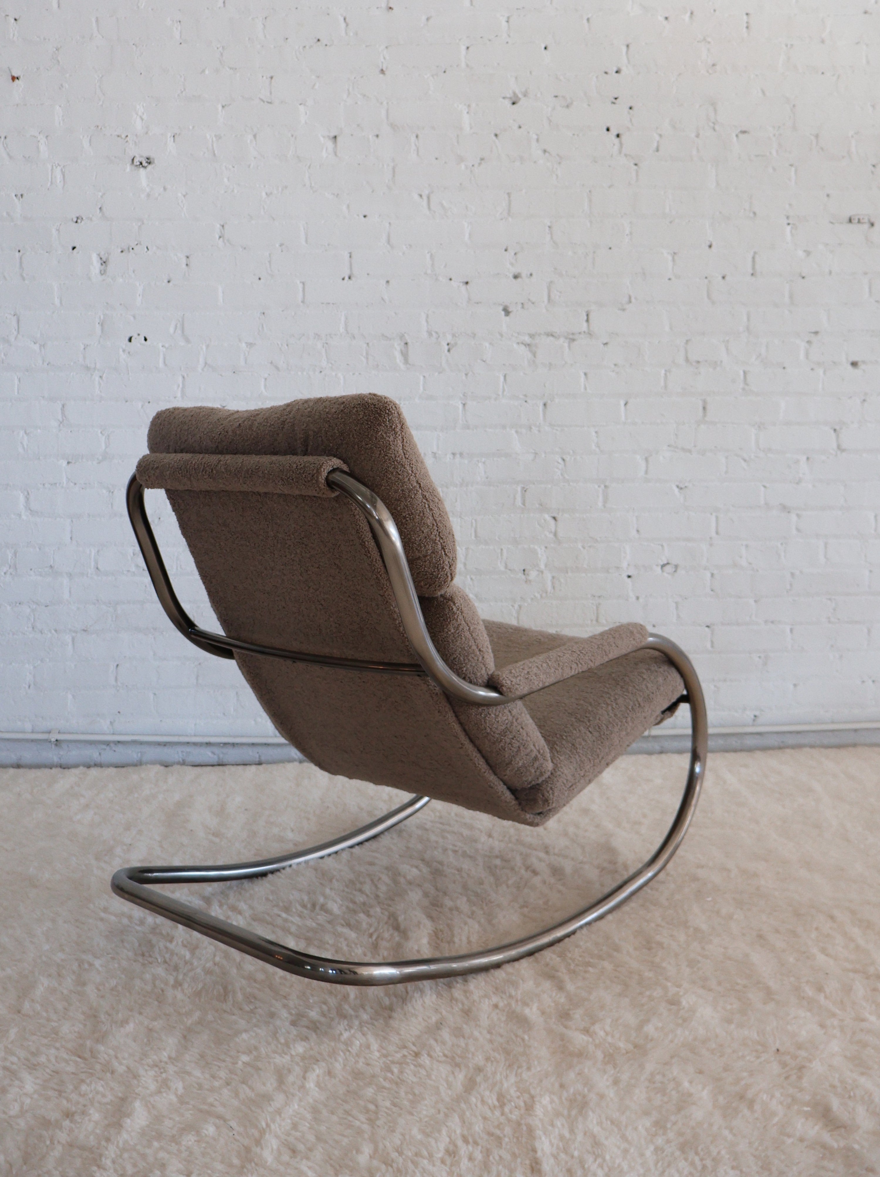The Vintage Milo Baughman Taupe Boucle Chrome Cantilever Rocking Chair + Ottoman