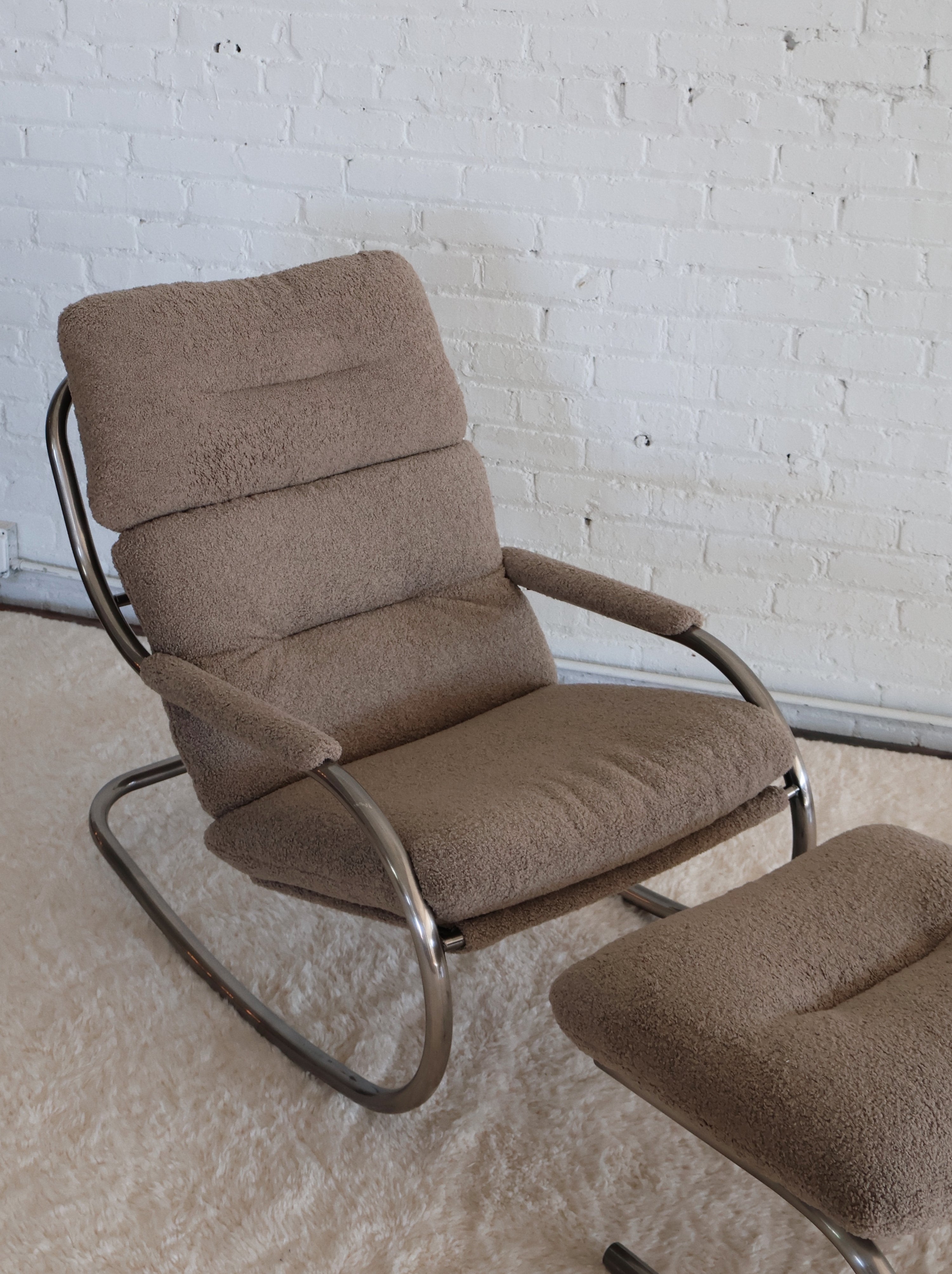 The Vintage Milo Baughman Taupe Boucle Chrome Cantilever Rocking Chair + Ottoman