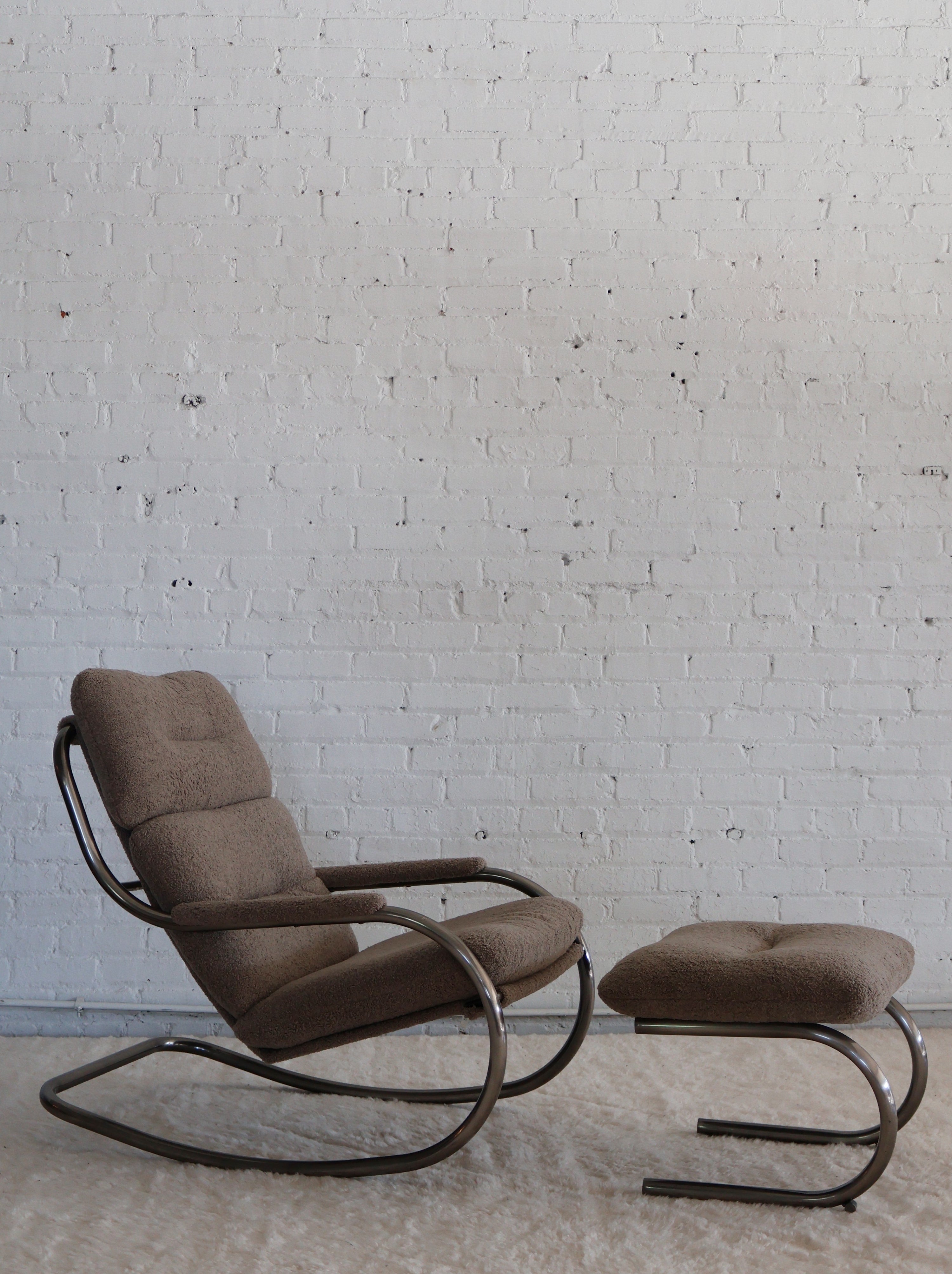 The Vintage Milo Baughman Taupe Boucle Chrome Cantilever Rocking Chair + Ottoman