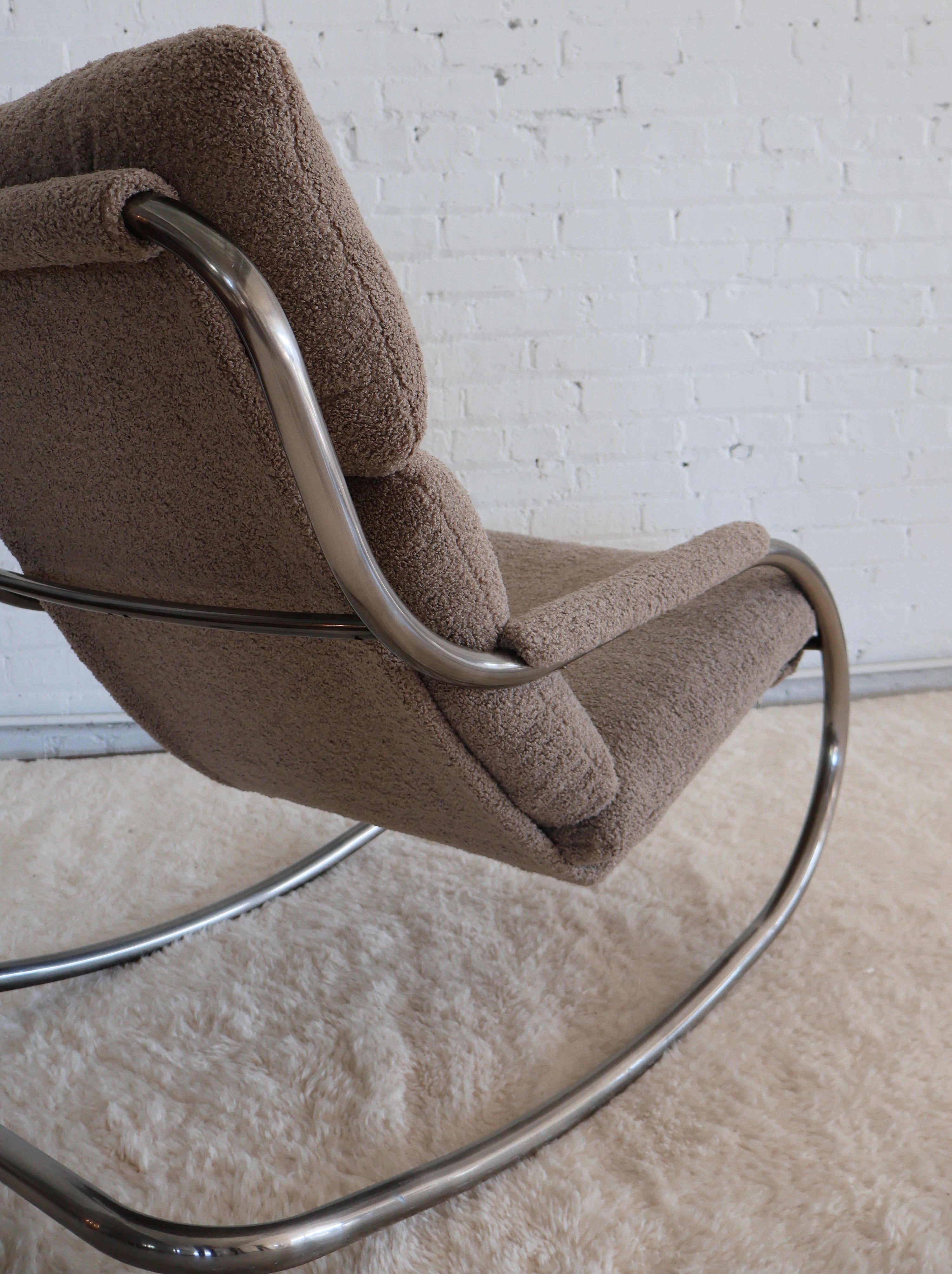 The Vintage Milo Baughman Taupe Boucle Chrome Cantilever Rocking Chair + Ottoman