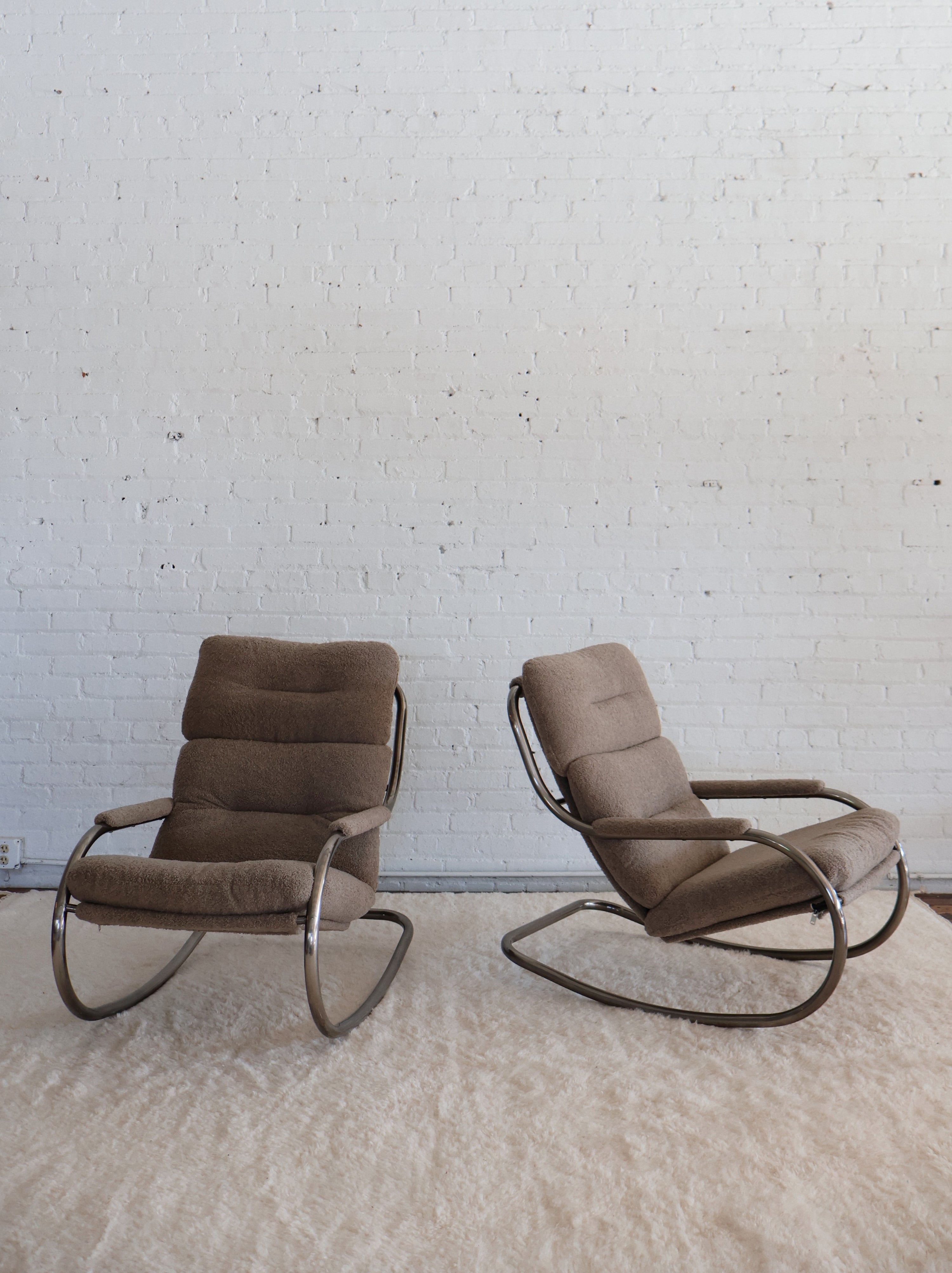 The Vintage Milo Baughman Taupe Boucle Chrome Cantilever Rocking Chair + Ottoman