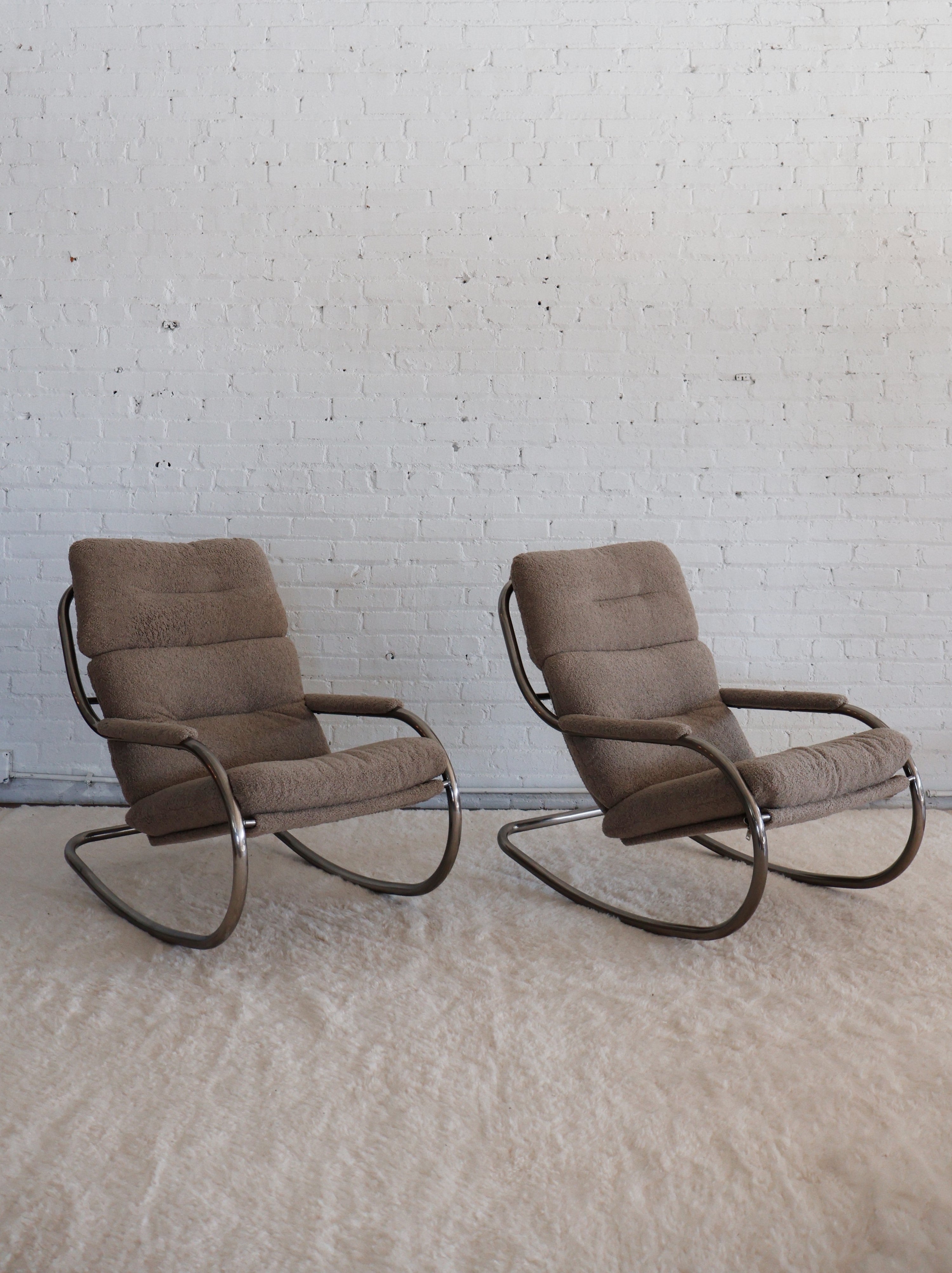 The Vintage Milo Baughman Taupe Boucle Chrome Cantilever Rocking Chair + Ottoman