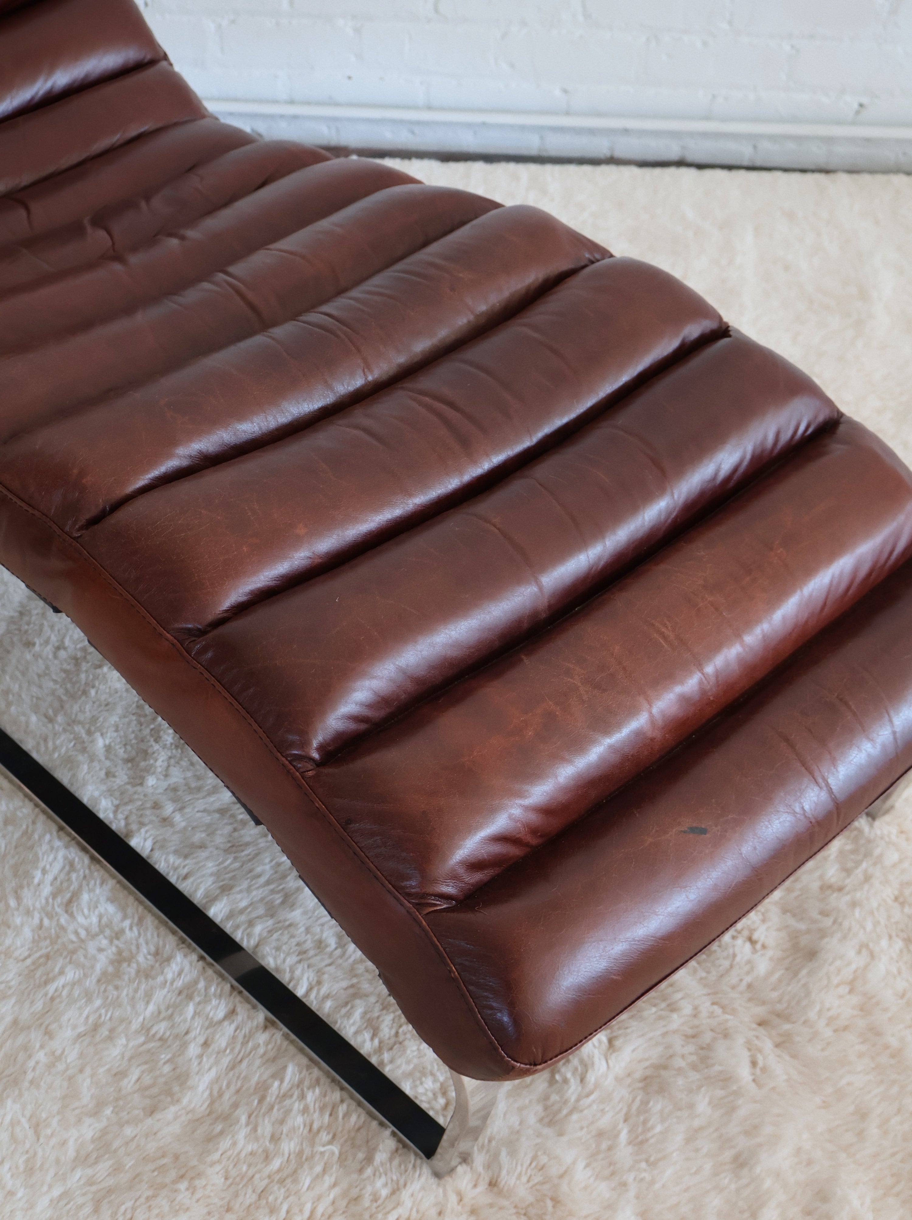Vintage Chestnut Leather & Chrome Chaise Lounge