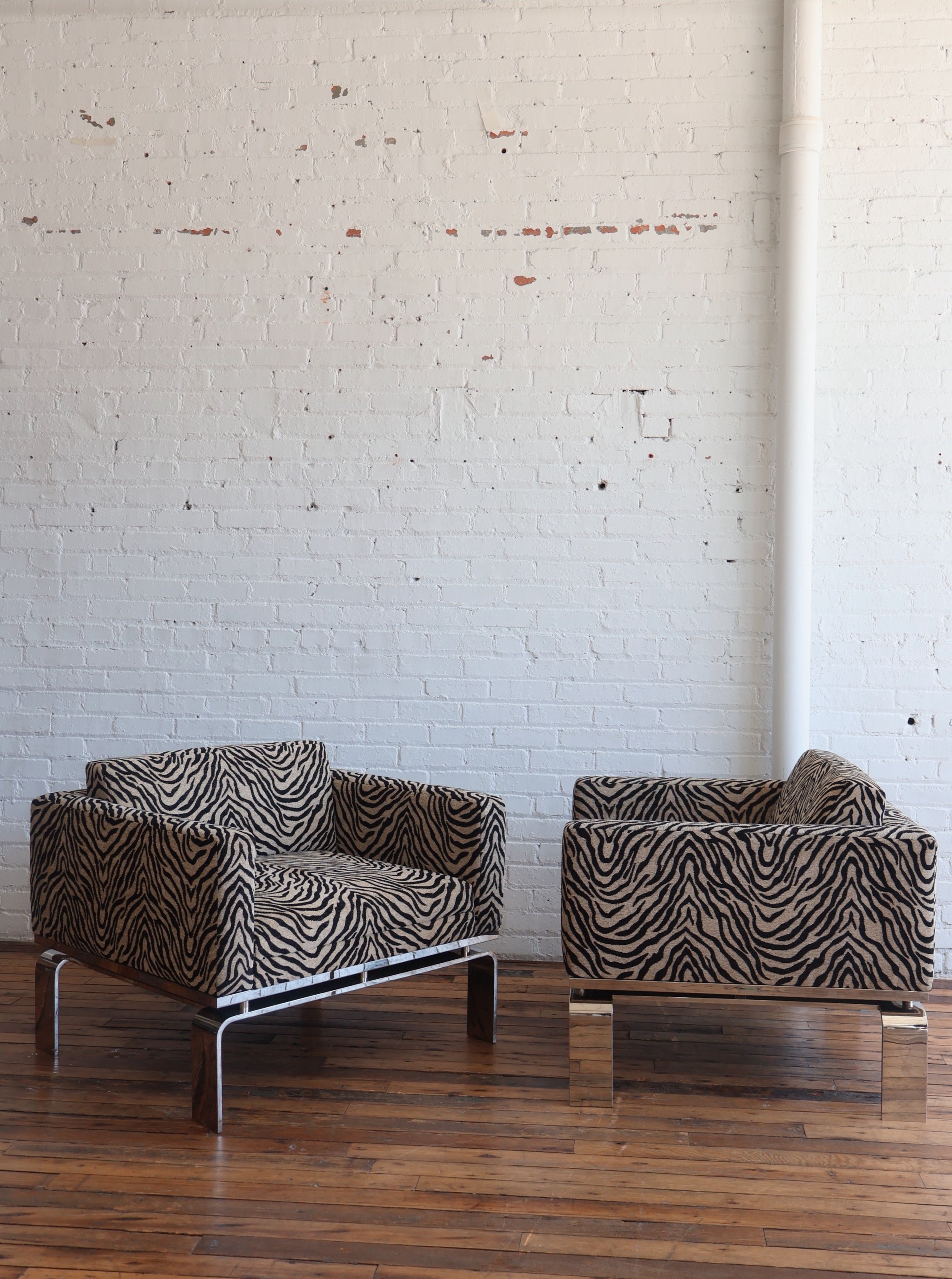 Set of 2 Zebra Upholstered Vintage Chrome Chairs