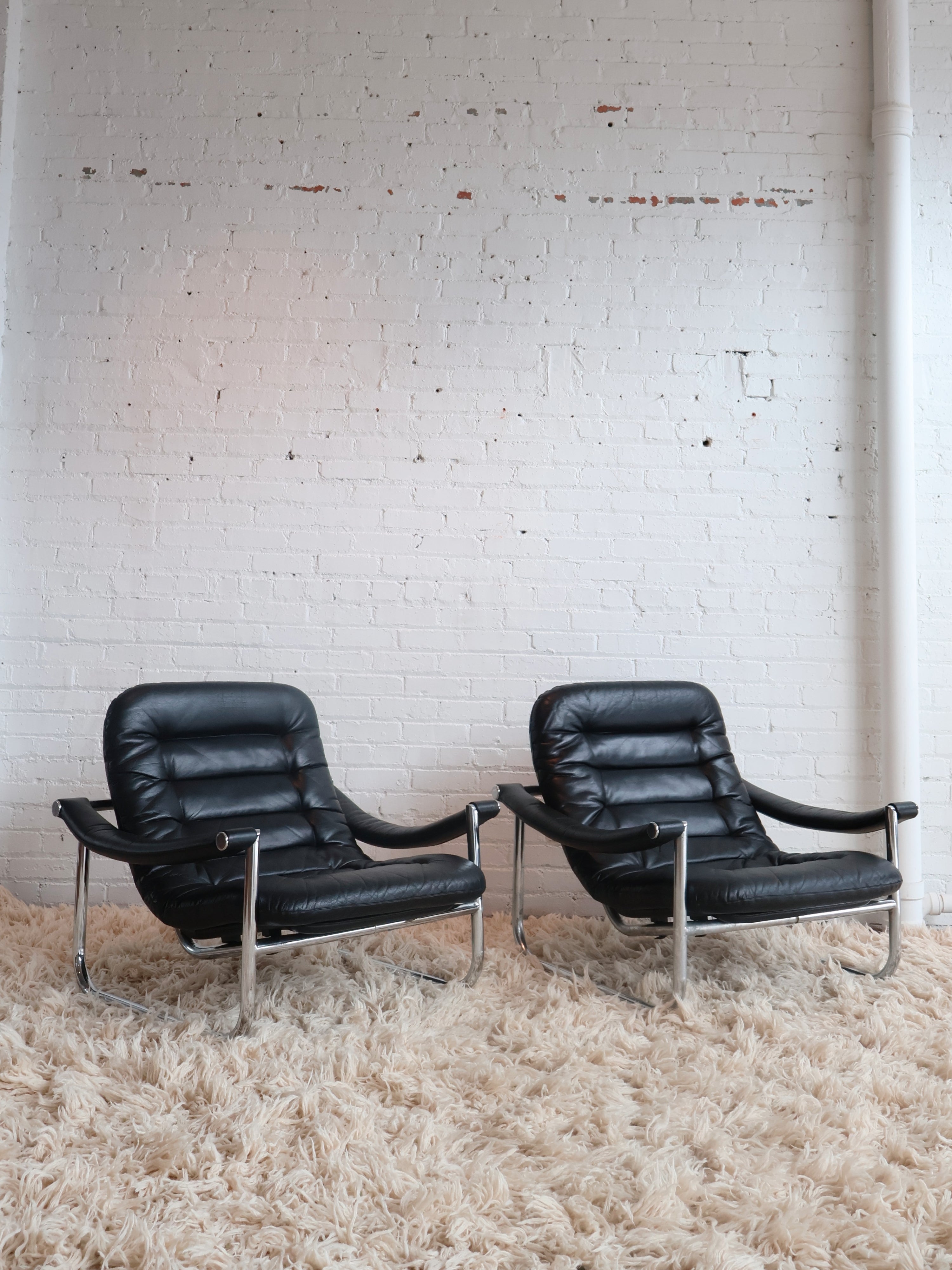 Set of 2 Vintage 1970s Italian Black Leather Chrome Chairs