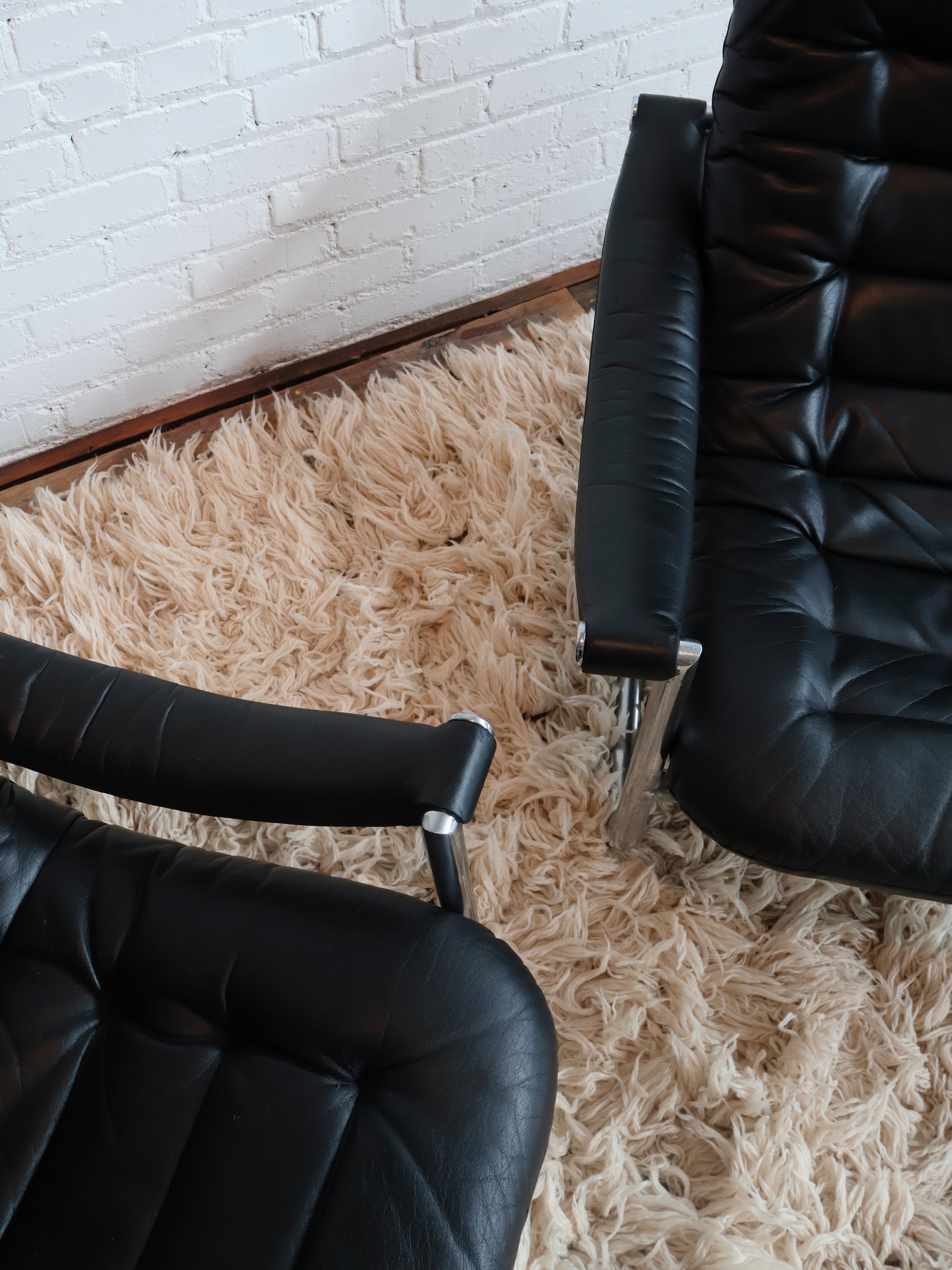 Set of 2 Vintage 1970s Italian Black Leather Chrome Chairs