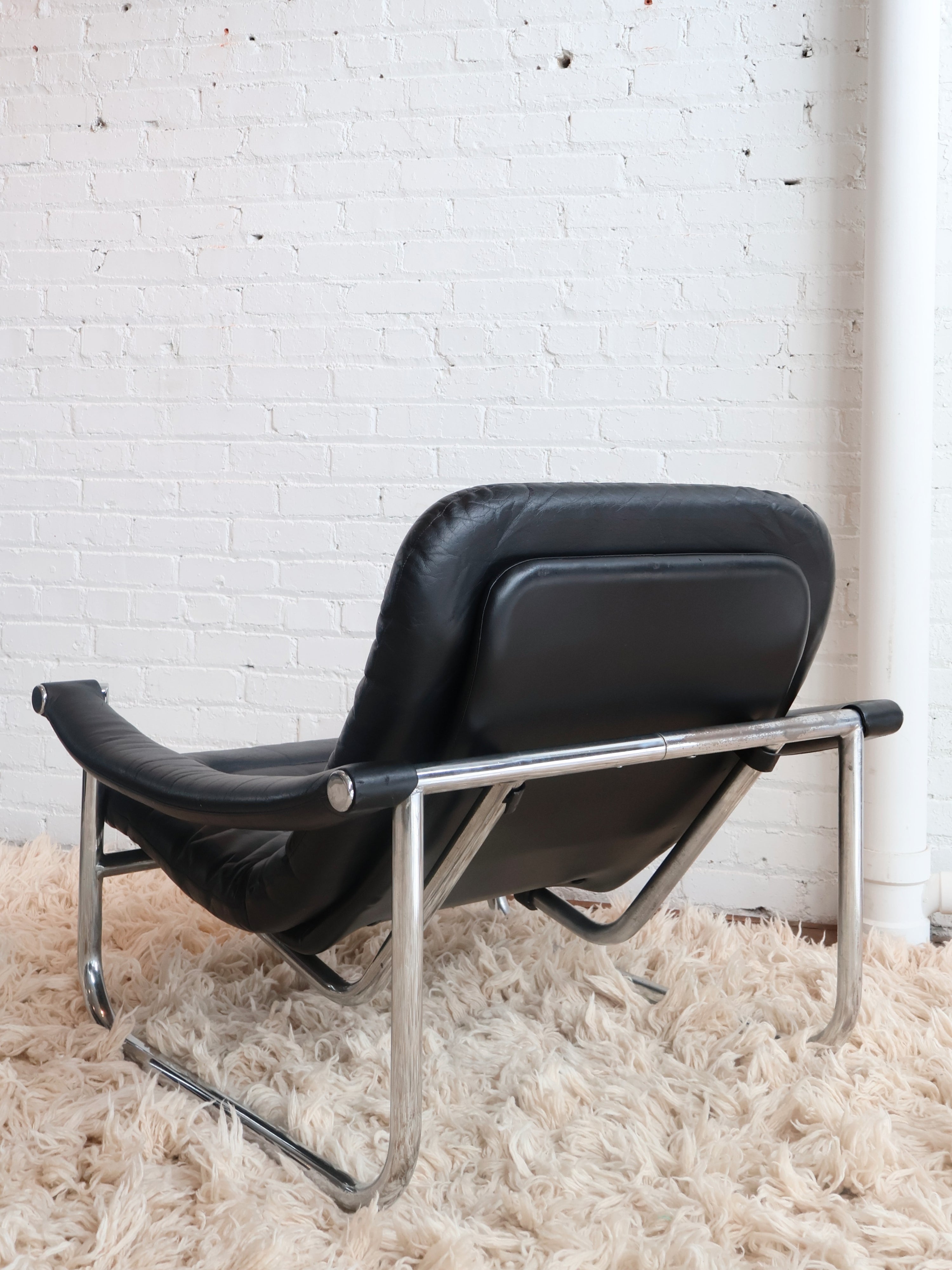Set of 2 Vintage 1970s Italian Black Leather Chrome Chairs