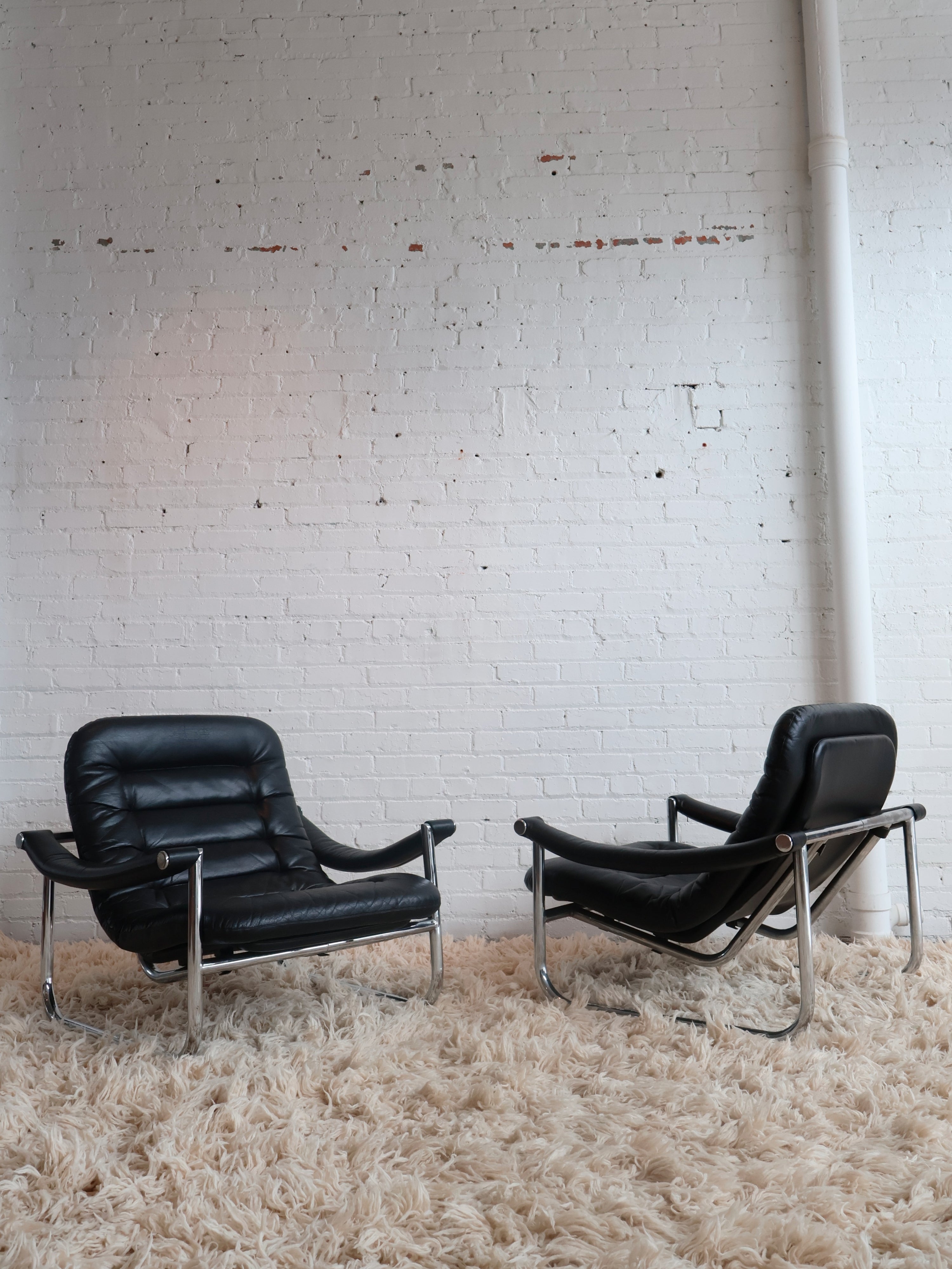 Set of 2 Vintage 1970s Italian Black Leather Chrome Chairs