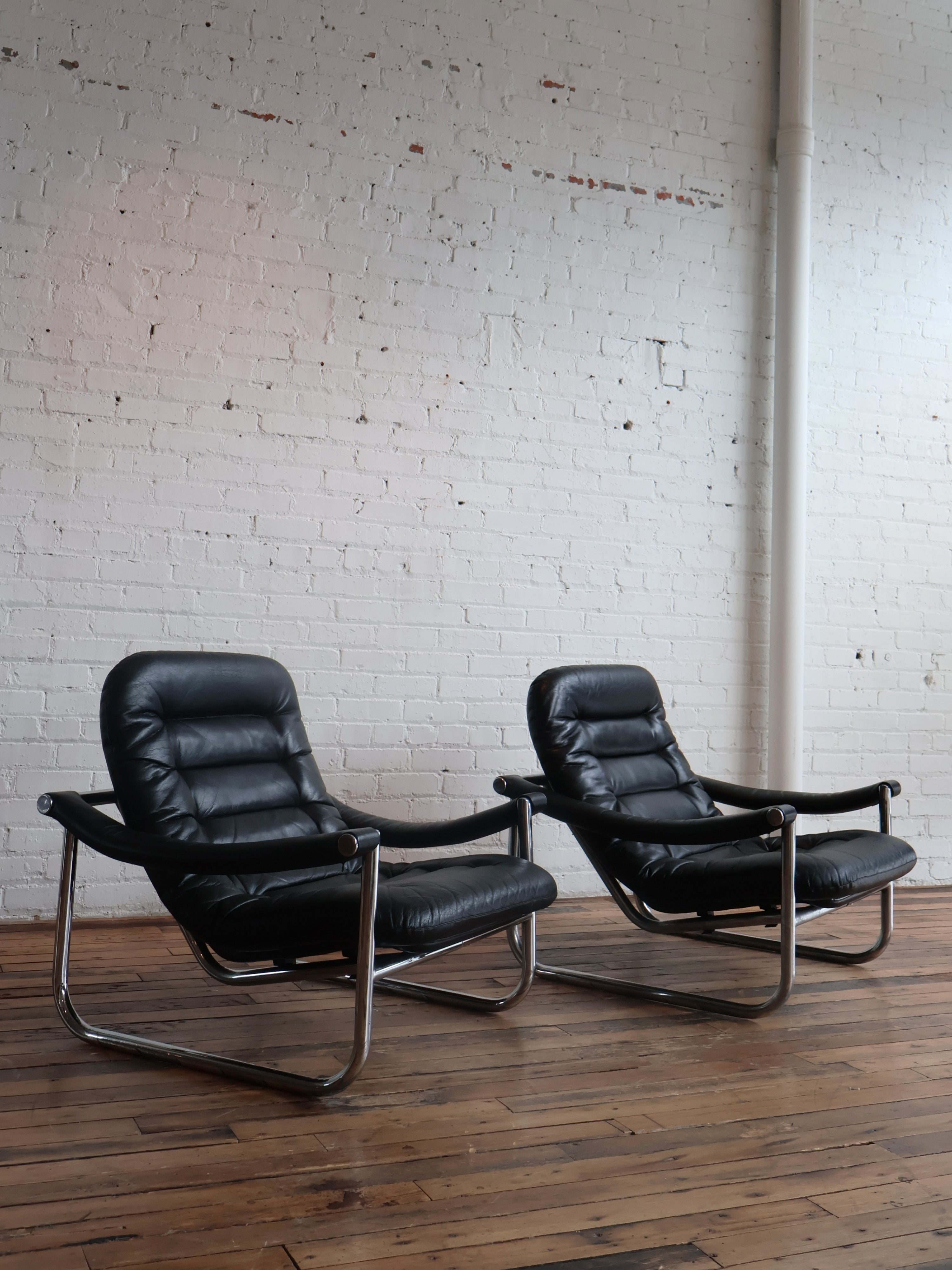 Vintage 1970s Italian Black Leather Chrome Chairs - Set of 2