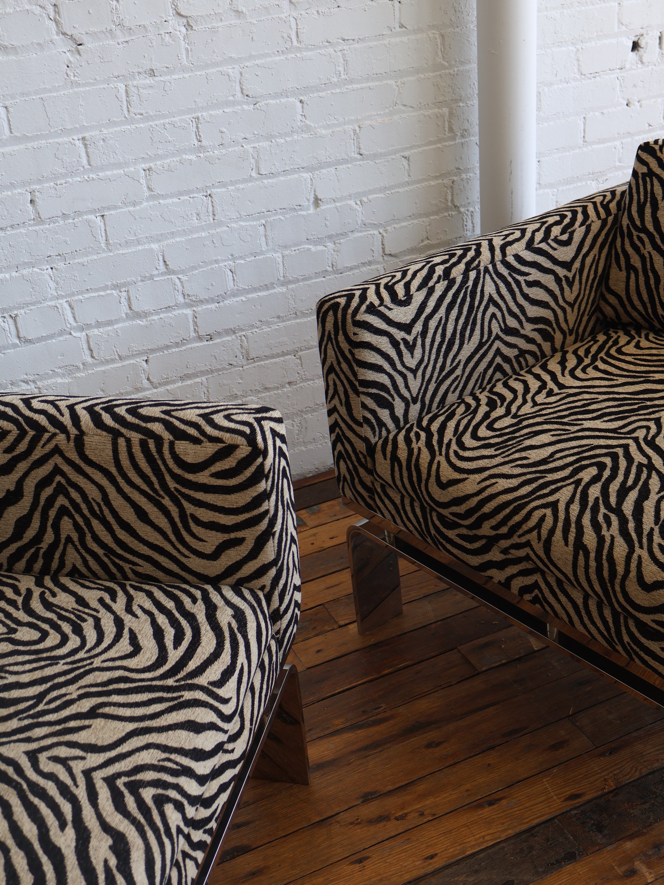 Set of 2 Zebra Upholstered Vintage Chrome Chairs