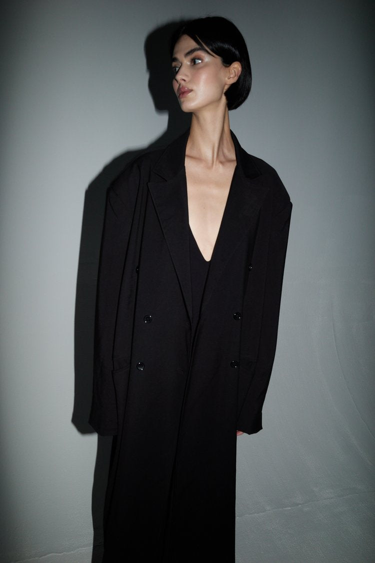 Studio Cut Double Breasted Long Black Coat