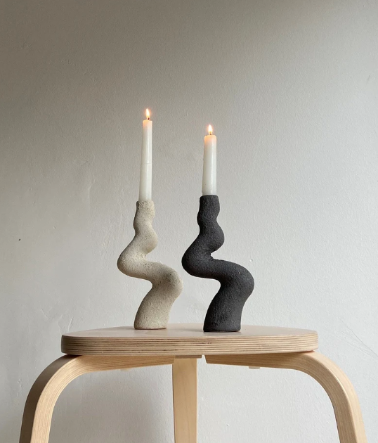 Aysun Ay Set of 2 White and Black Ceramic Candle Sticks