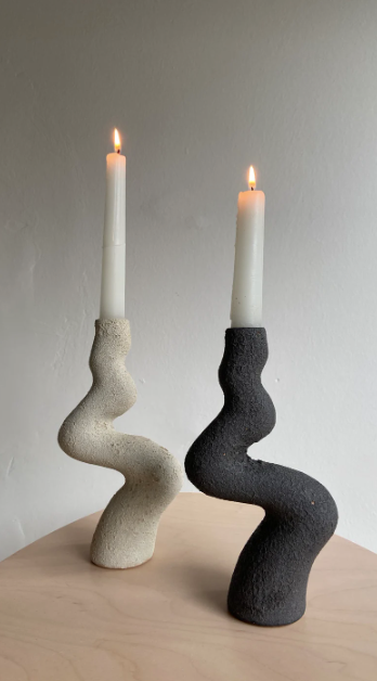 Aysun Ay Set of 2 White and Black Ceramic Candle Sticks