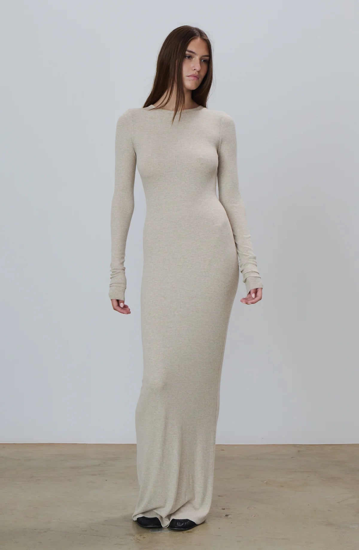 Éterne Long Sleeve Crewneck Maxi Dress in Oatmeal