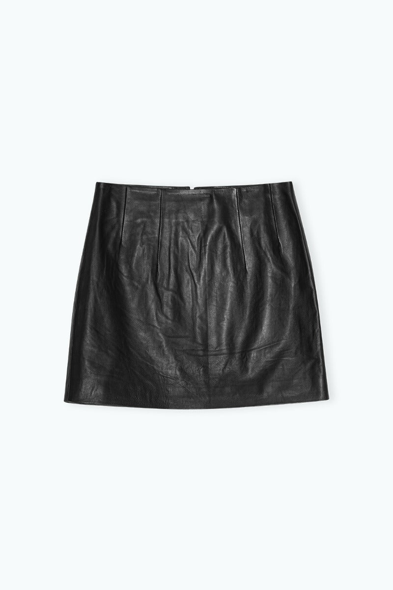 Black Mini Half-Zip Leather Skirt by REMAIN