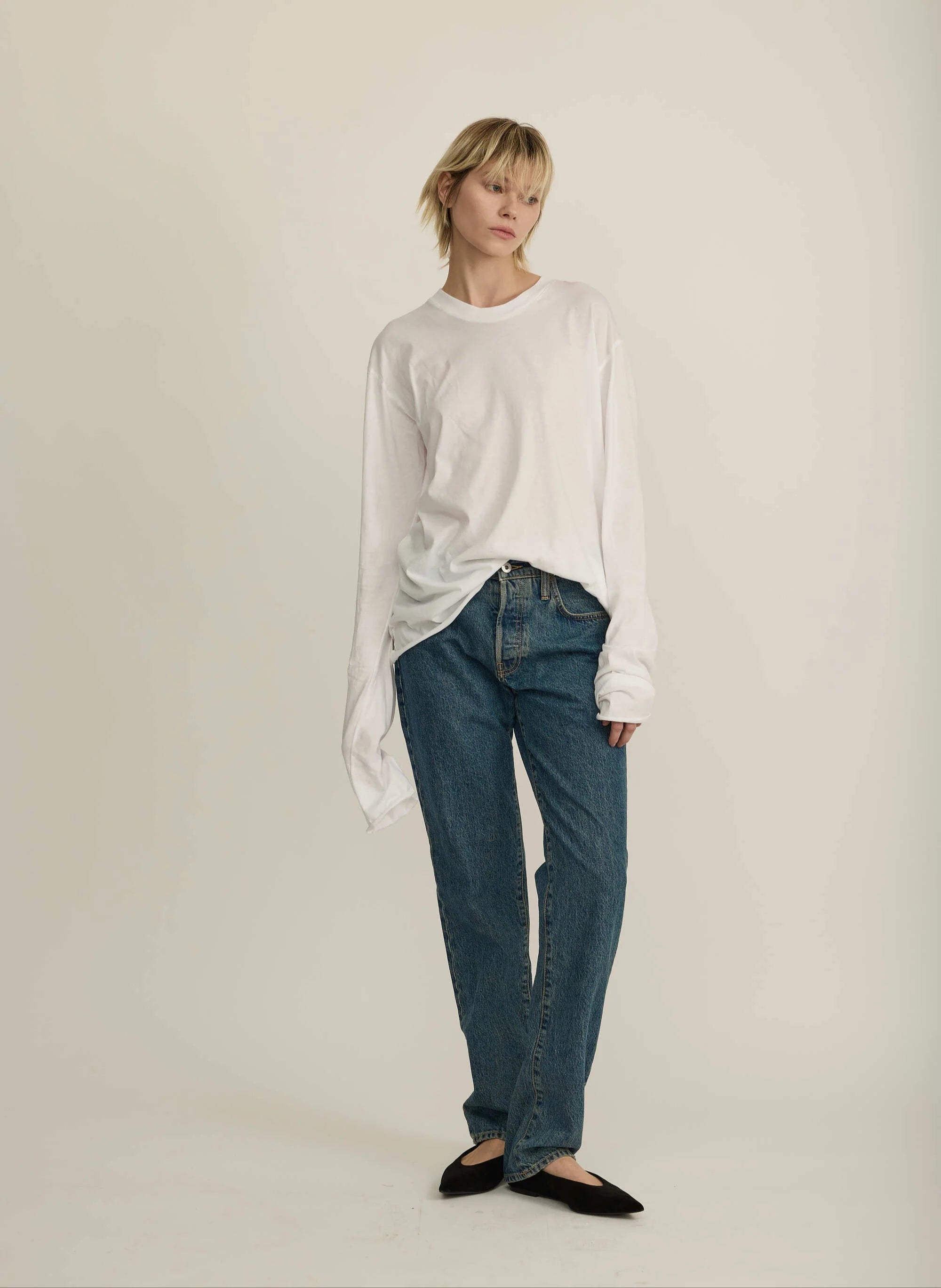 The Ari Long Sleeve Boyfriend T-Shirt in White by All Three