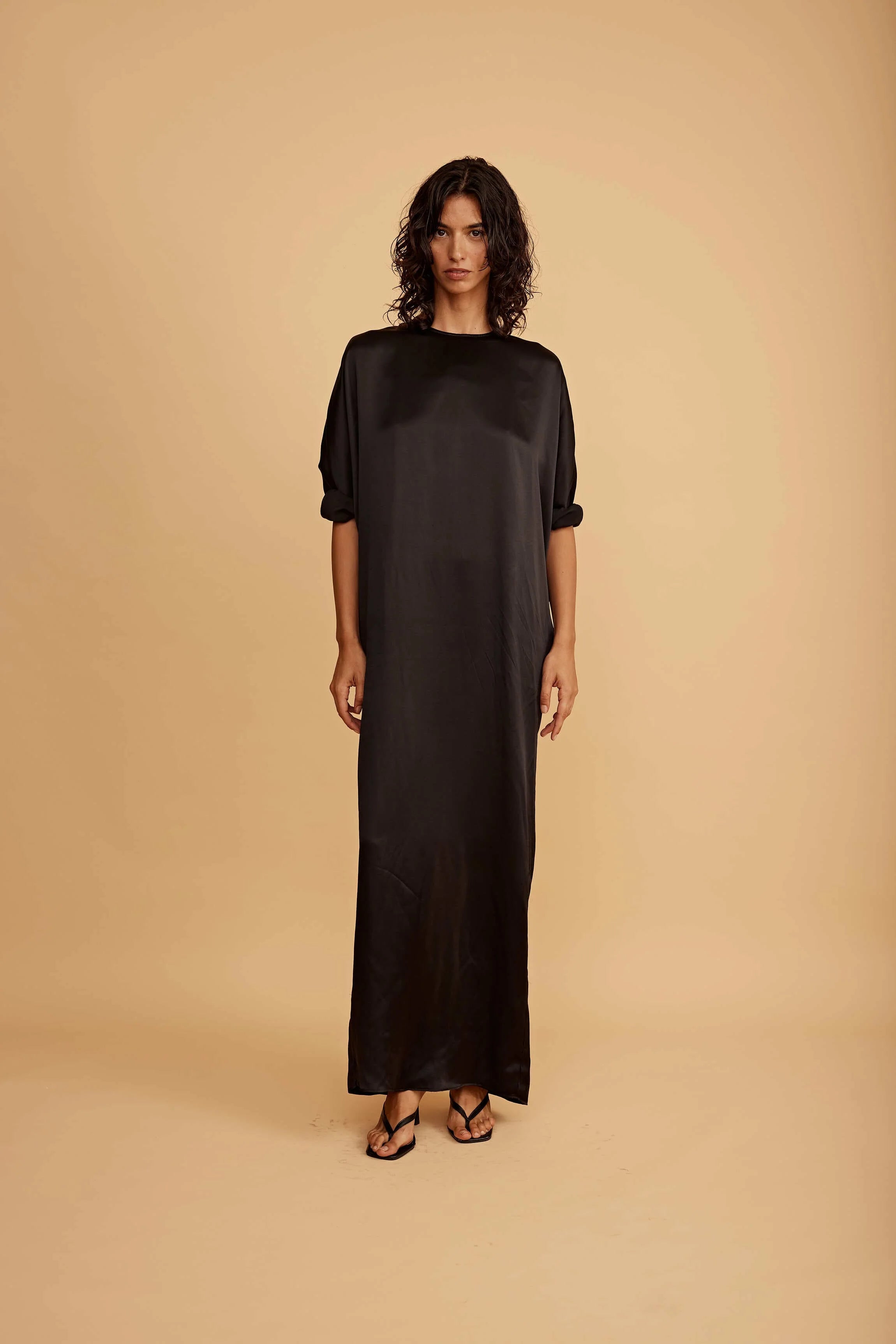 The Dvora Long Silk Dress in Black by All Three