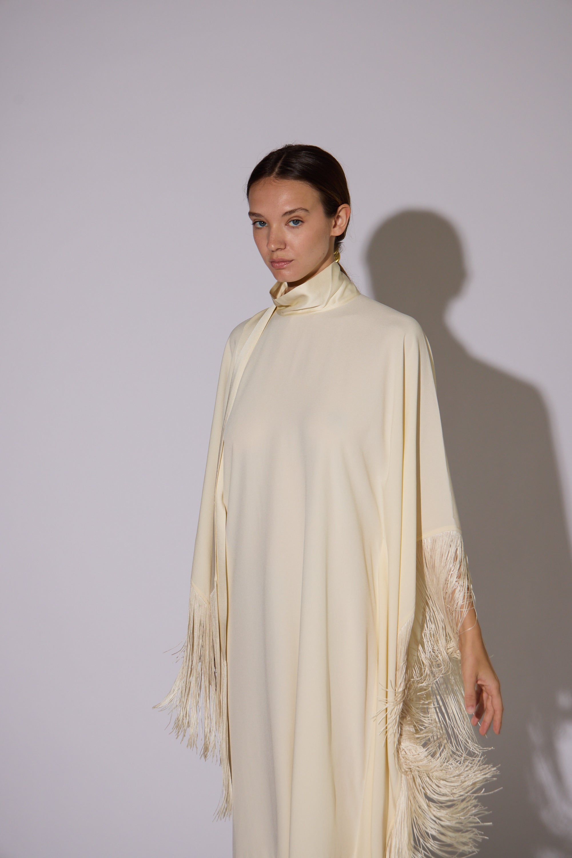 Taller Marmo Fringe Crepe Kaftan in Ivory