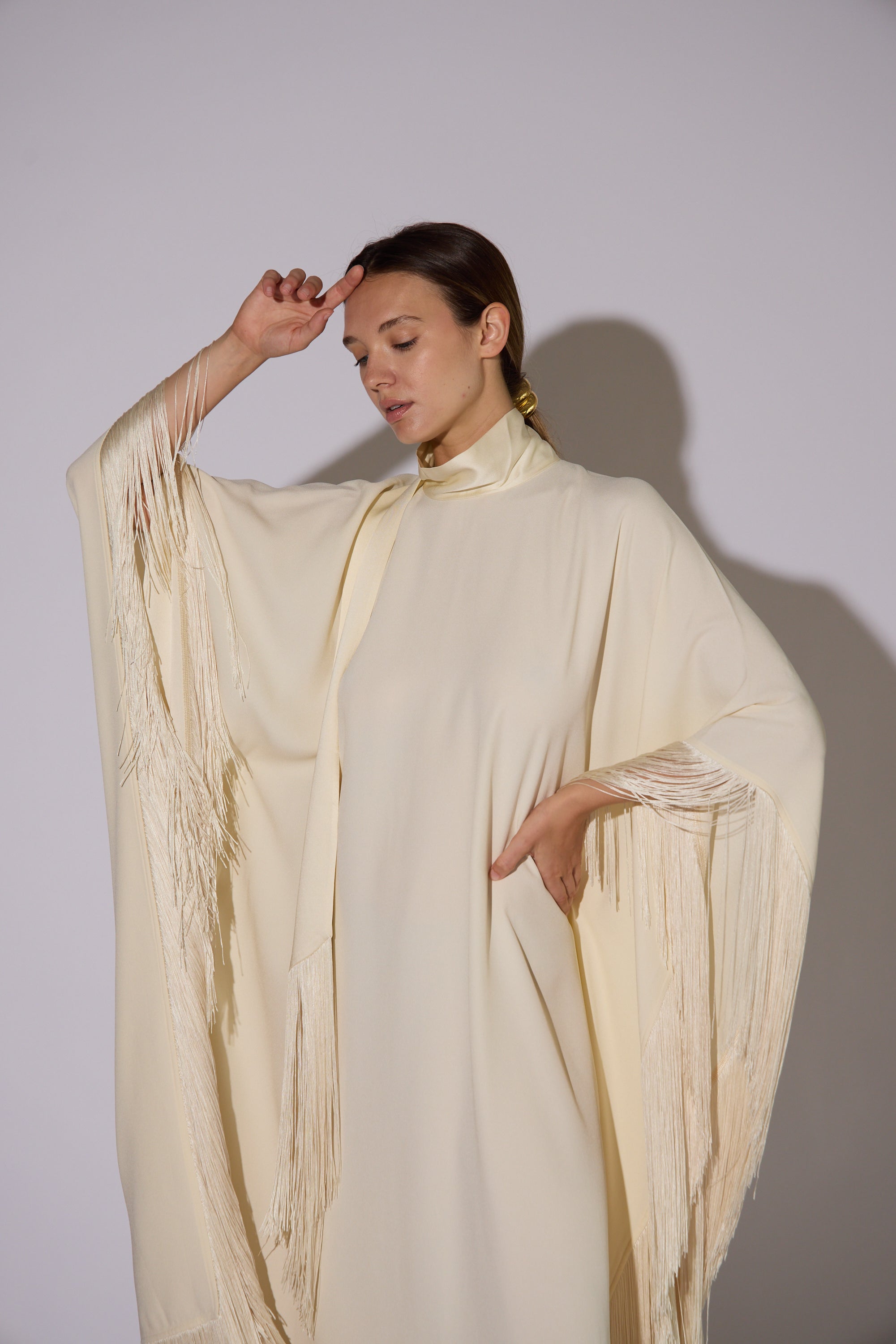 Taller Marmo Fringe Crepe Kaftan in Ivory