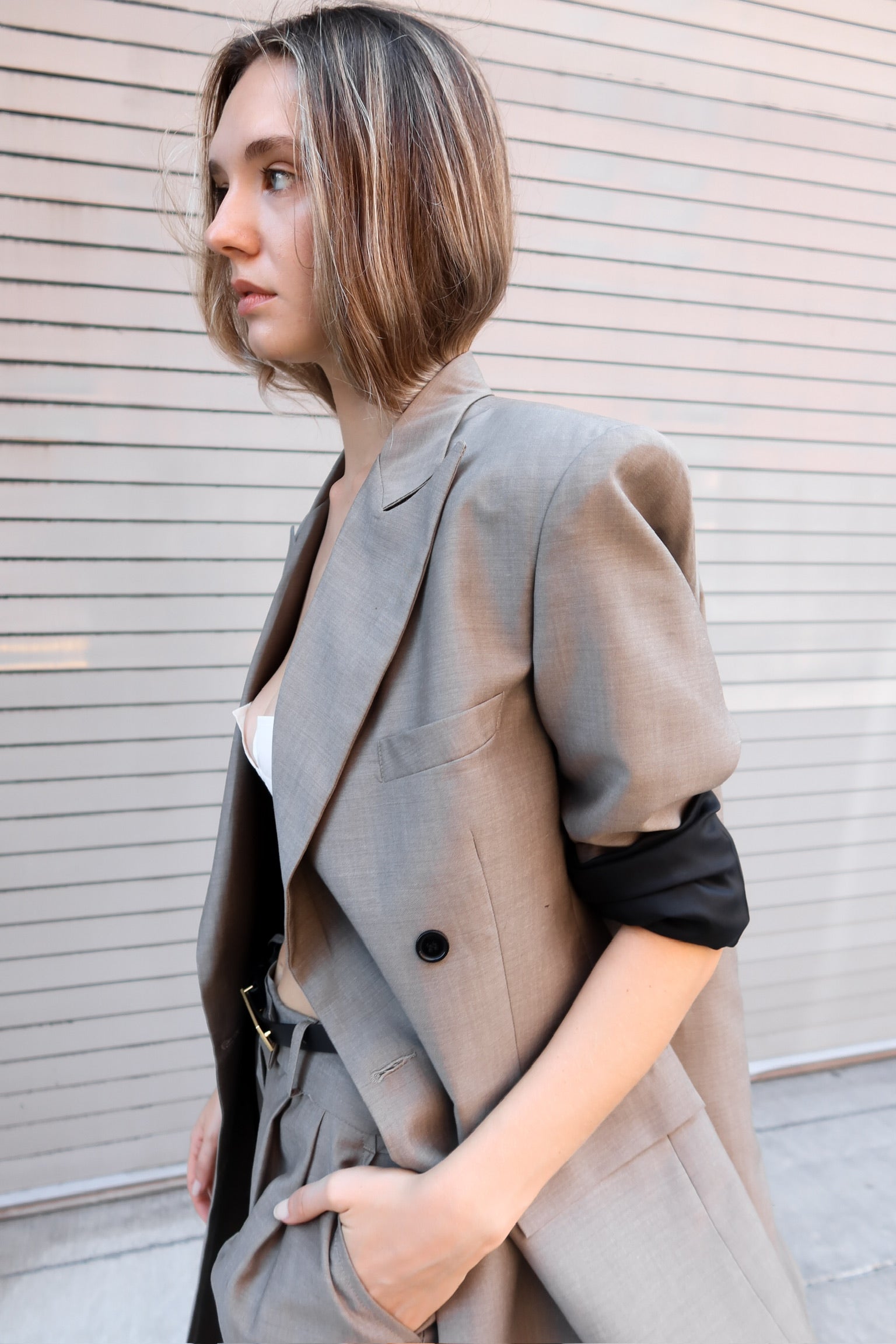 The Beige Double Breasted Blazer by Studio Cut