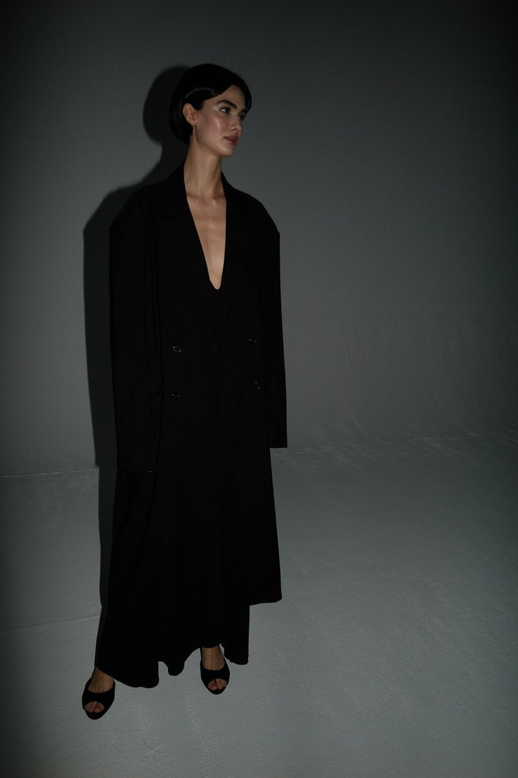 Studio Cut Double Breasted Long Black Coat