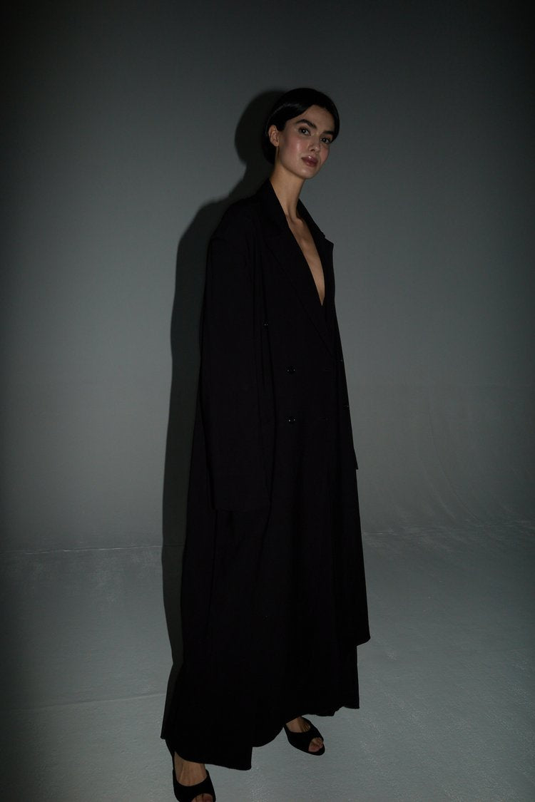 Studio Cut Double Breasted Long Black Coat