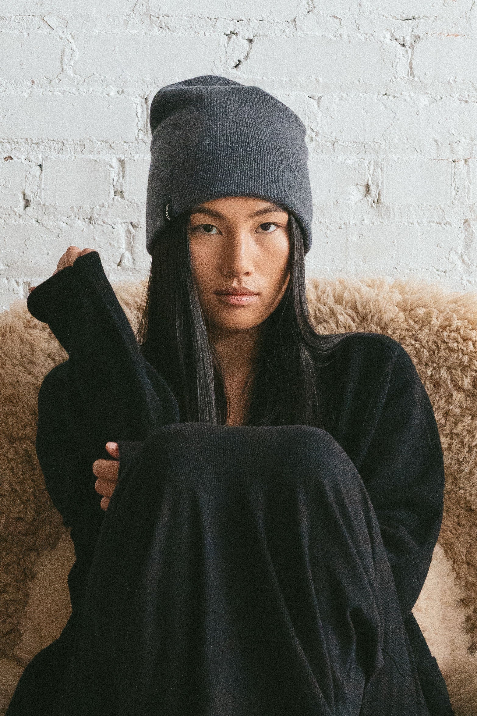 Charcoal grey cashmere beanie winter essential by Amina Hood from Blackbird Collection's sustainable accessories