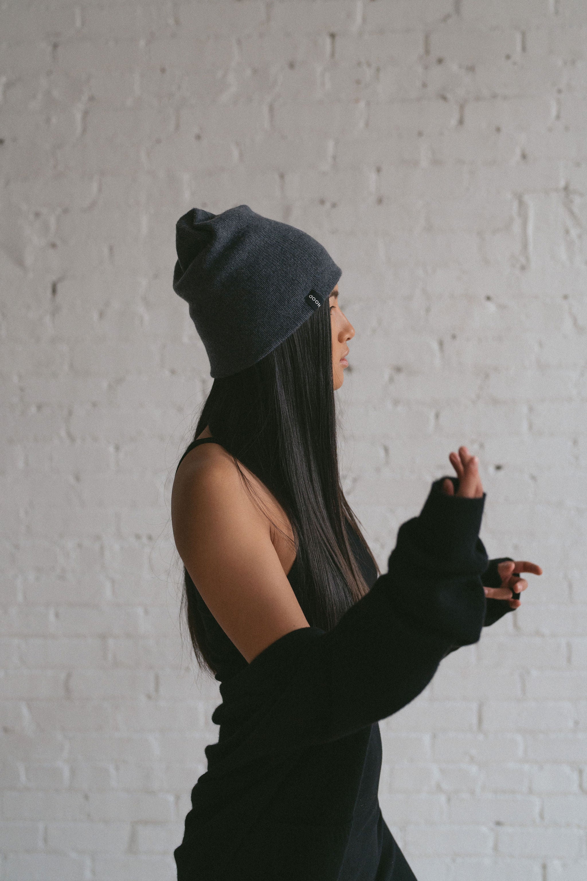 Charcoal grey cashmere beanie winter essential by Amina Hood from Blackbird Collection's sustainable accessories