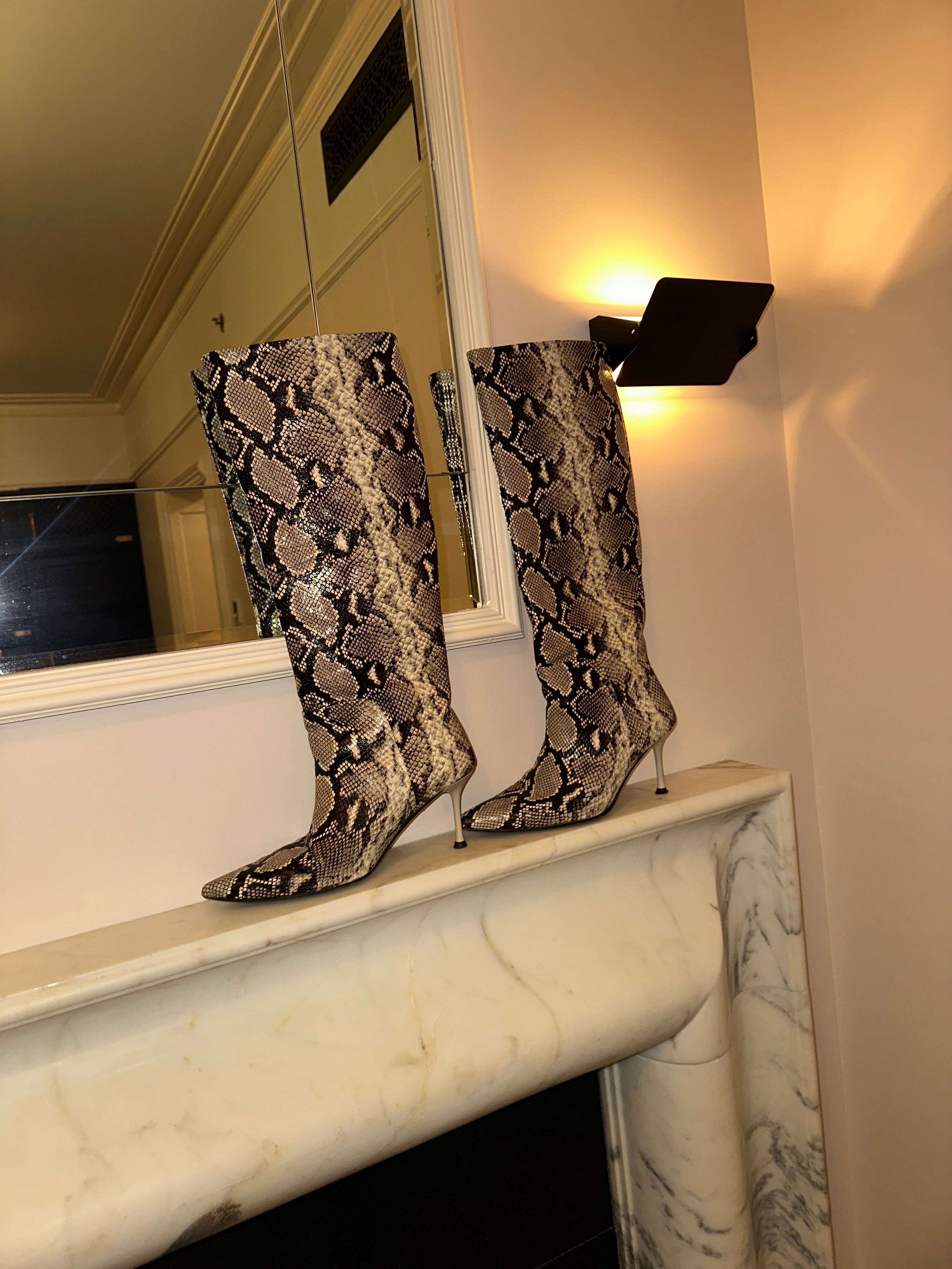 Python snake print maniac tall pointed toe boots by Anny Nord from Blackbird Collection's sustainable accessories and shoes