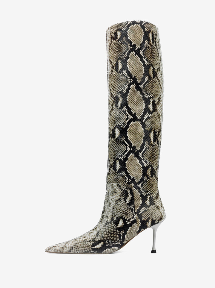 Python snake print maniac tall pointed toe boots by Anny Nord from Blackbird Collection's sustainable accessories and shoes