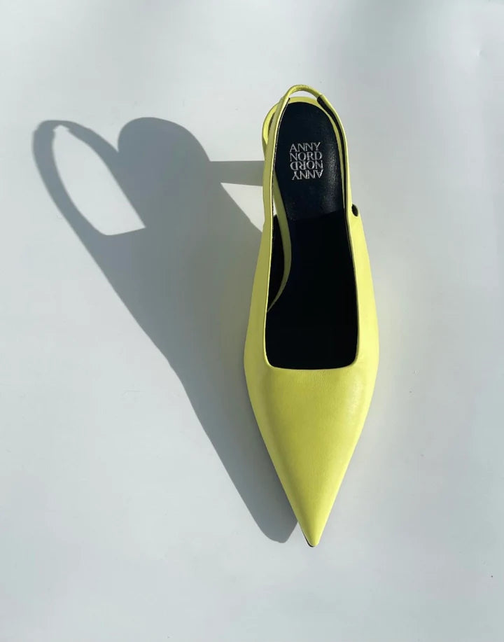Pointblank slingback pointed toe kitten heels in lime by Anny Nord from Blackbird Collection's sustainable footwear collection