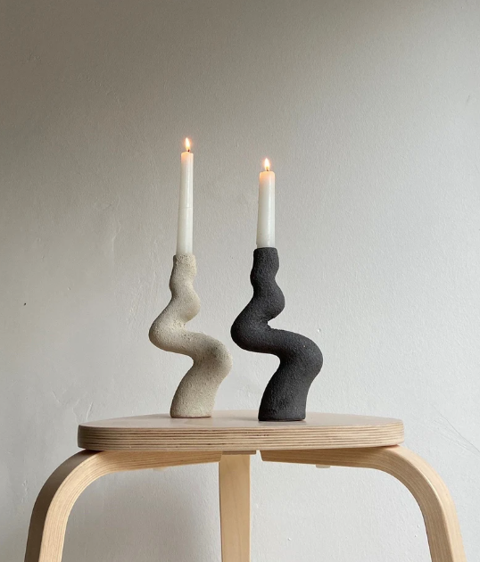 Black or white ceramic candle holder in organic shape by Aysun Ay from Blackbird Collection's sustainable handmade homeware