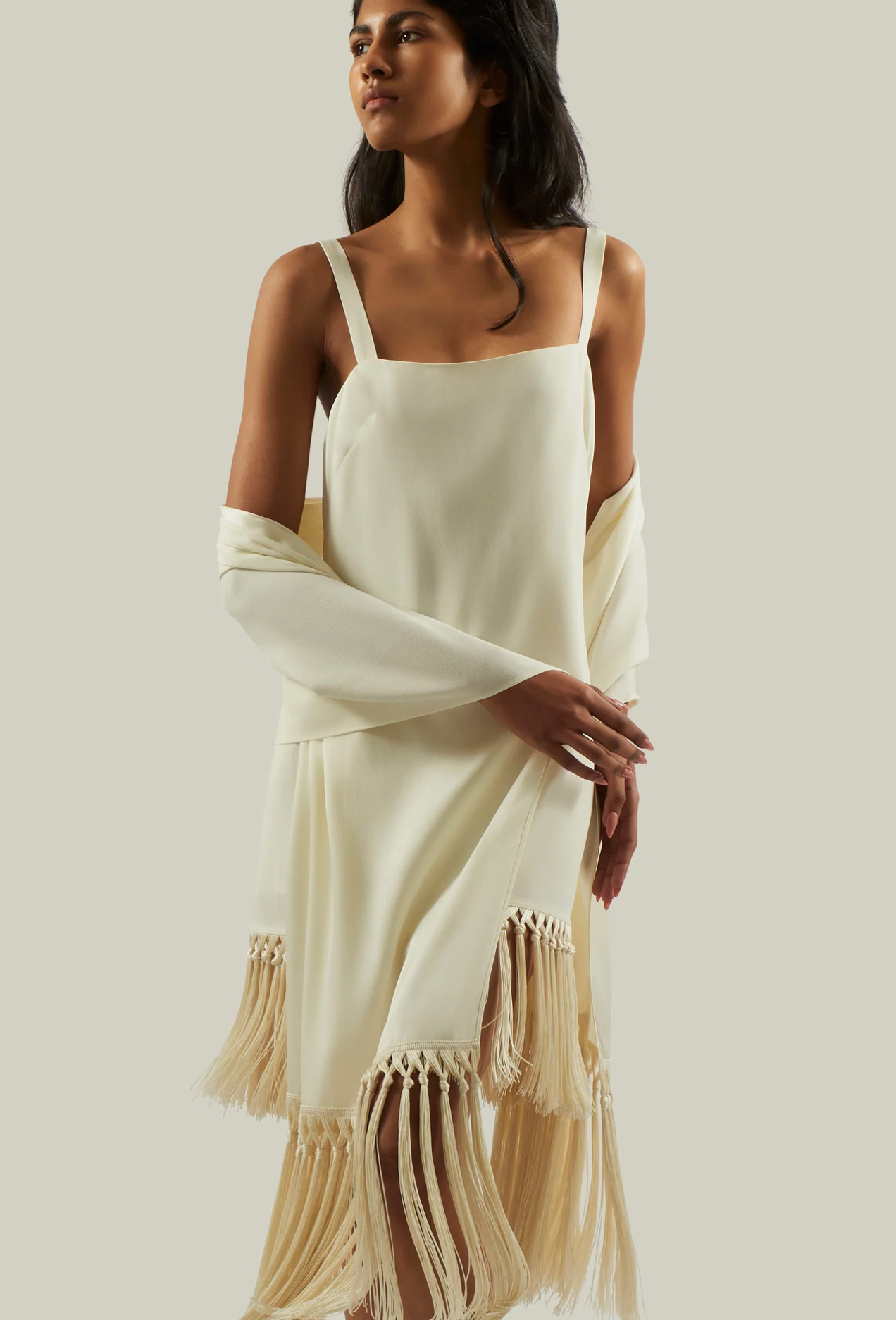Latte Babe stole in beige with fringe by Taller Marmo from Blackbird Collection's sustainable accessories