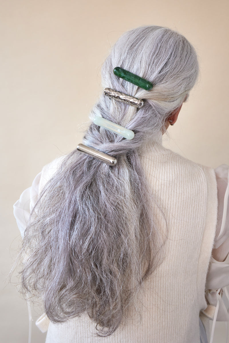 silver hammered bar barrette hair accessory by Lelet from Blackbird Collection's sustainable accessories