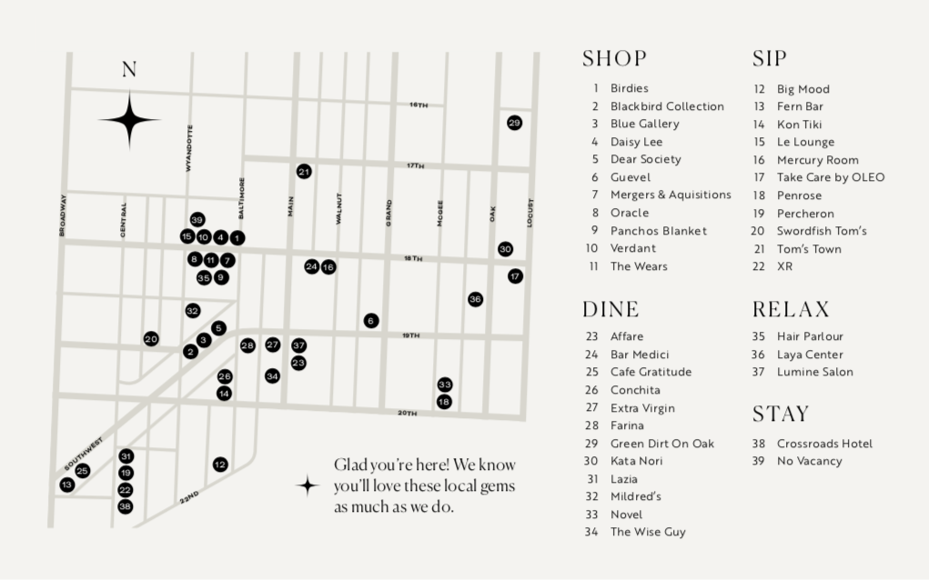 Map of the Kansas City Crossroads neighborhood featuring shops, restaurants, bars, hotels, and salons