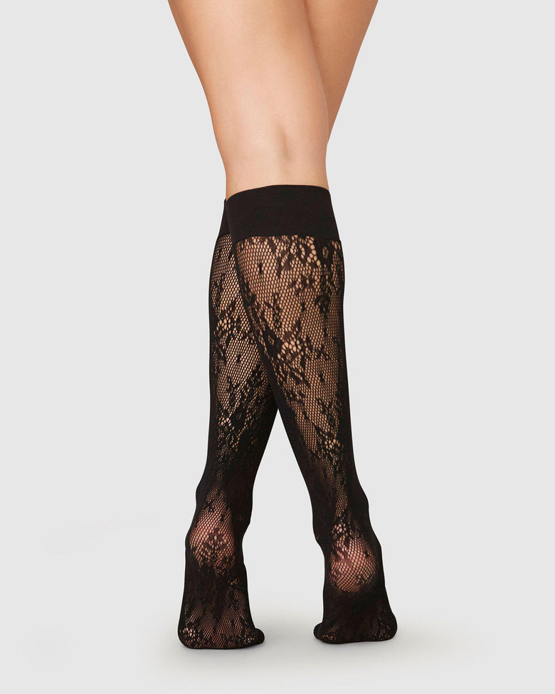 Rosa lace knee-high socks in black by Swedish Stockings from Blackbird Collection's sustainable accessories