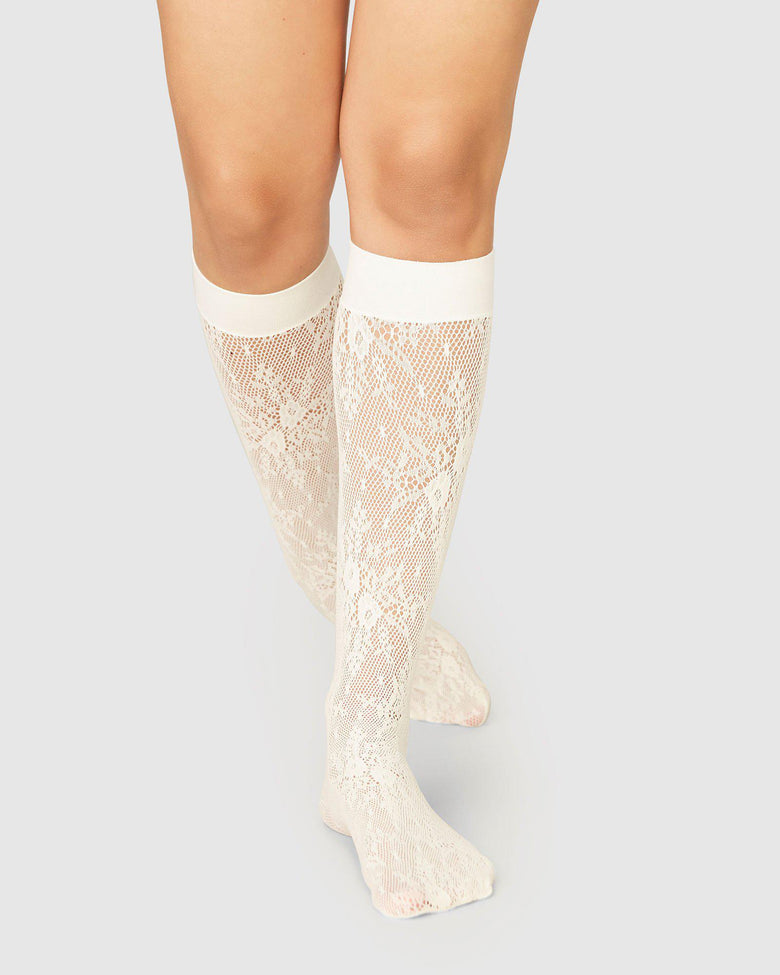 Rosa lace knee-high socks in ivory by Swedish Stockings from Blackbird Collection's sustainable accessories and hosiery