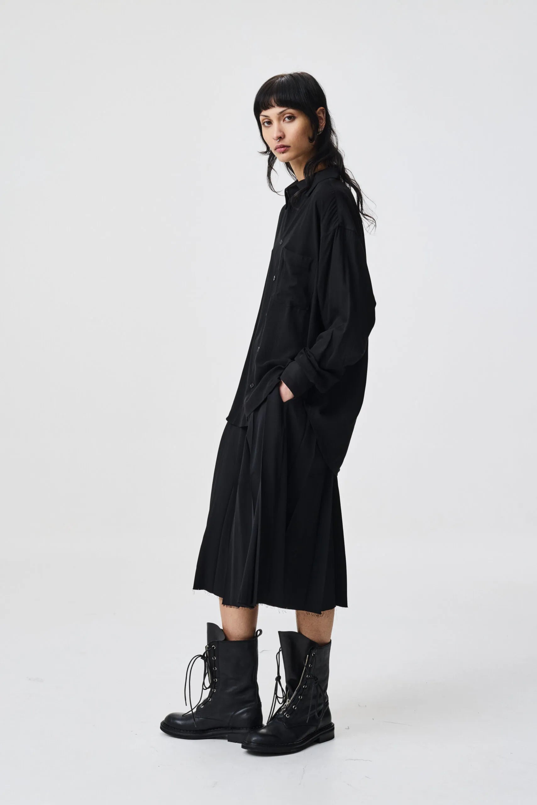 The Taq Shirt in Black by ADNYM Black Button Down Shirt Loose Fit