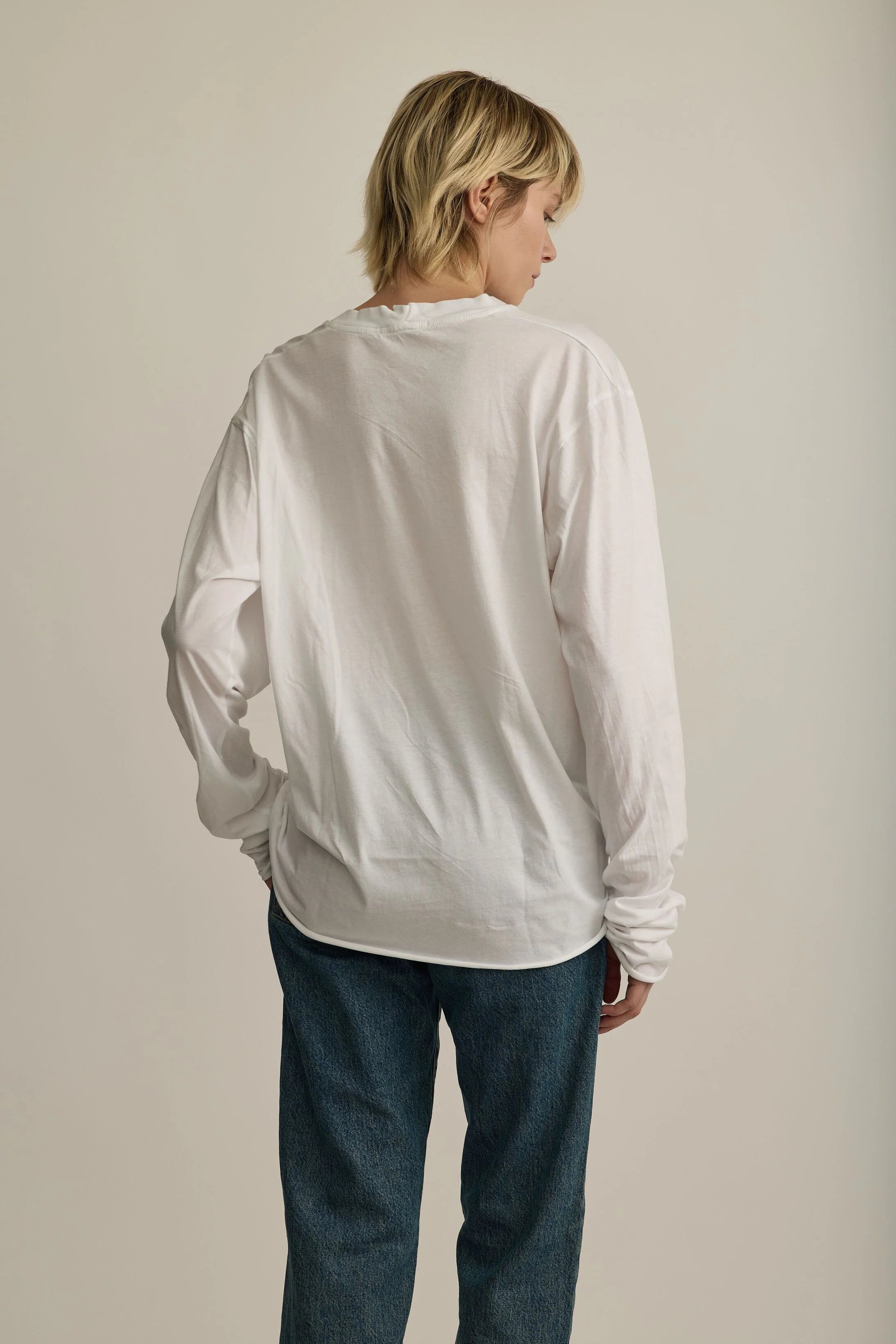 Ari long sleeve boyfriend t-shirt in white by All Three from Blackbird Collection's sustainable tops 100% cotton