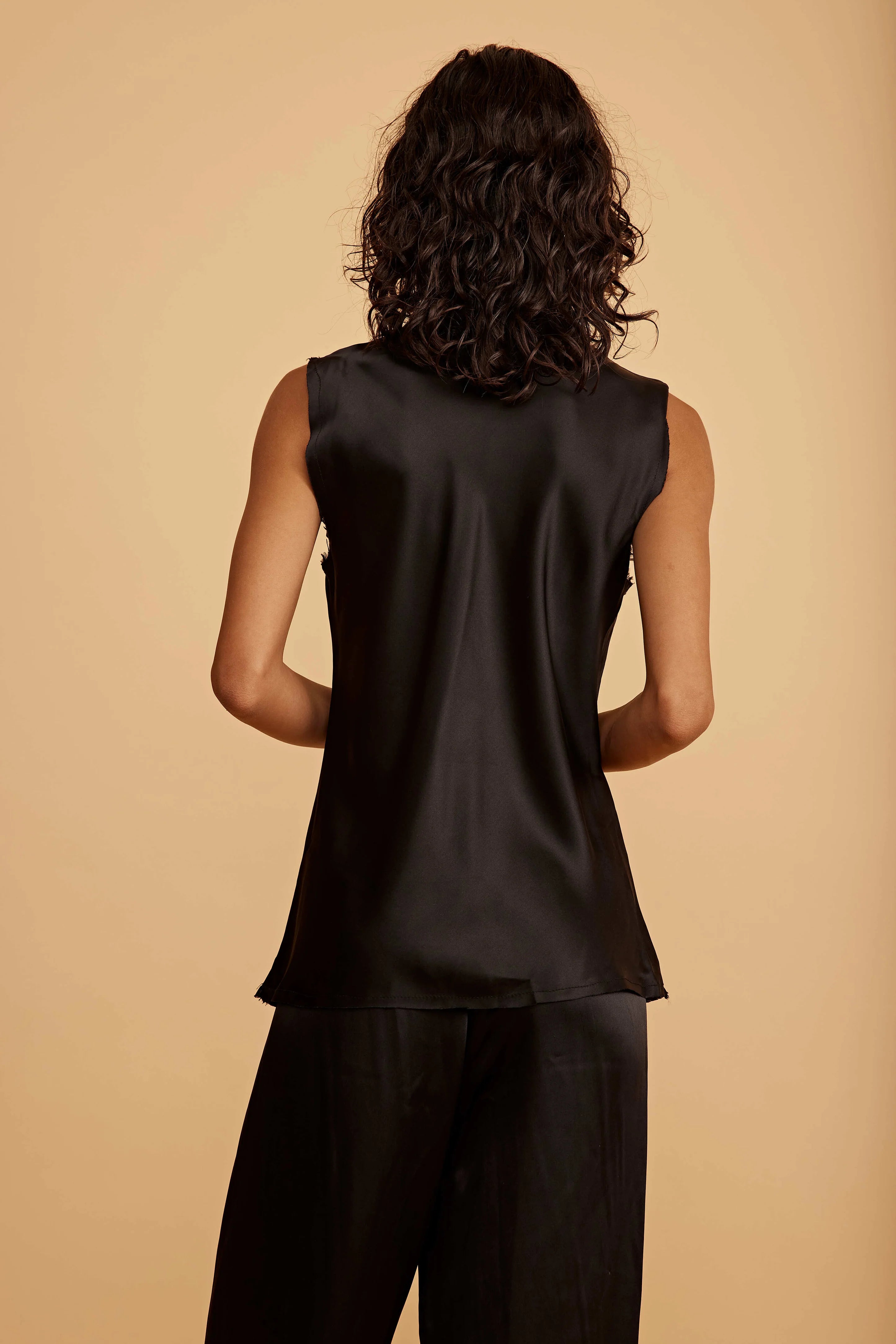 Black Carine raw hem 100% silk tank by All Three from Blackbird Collection's sustainable tops