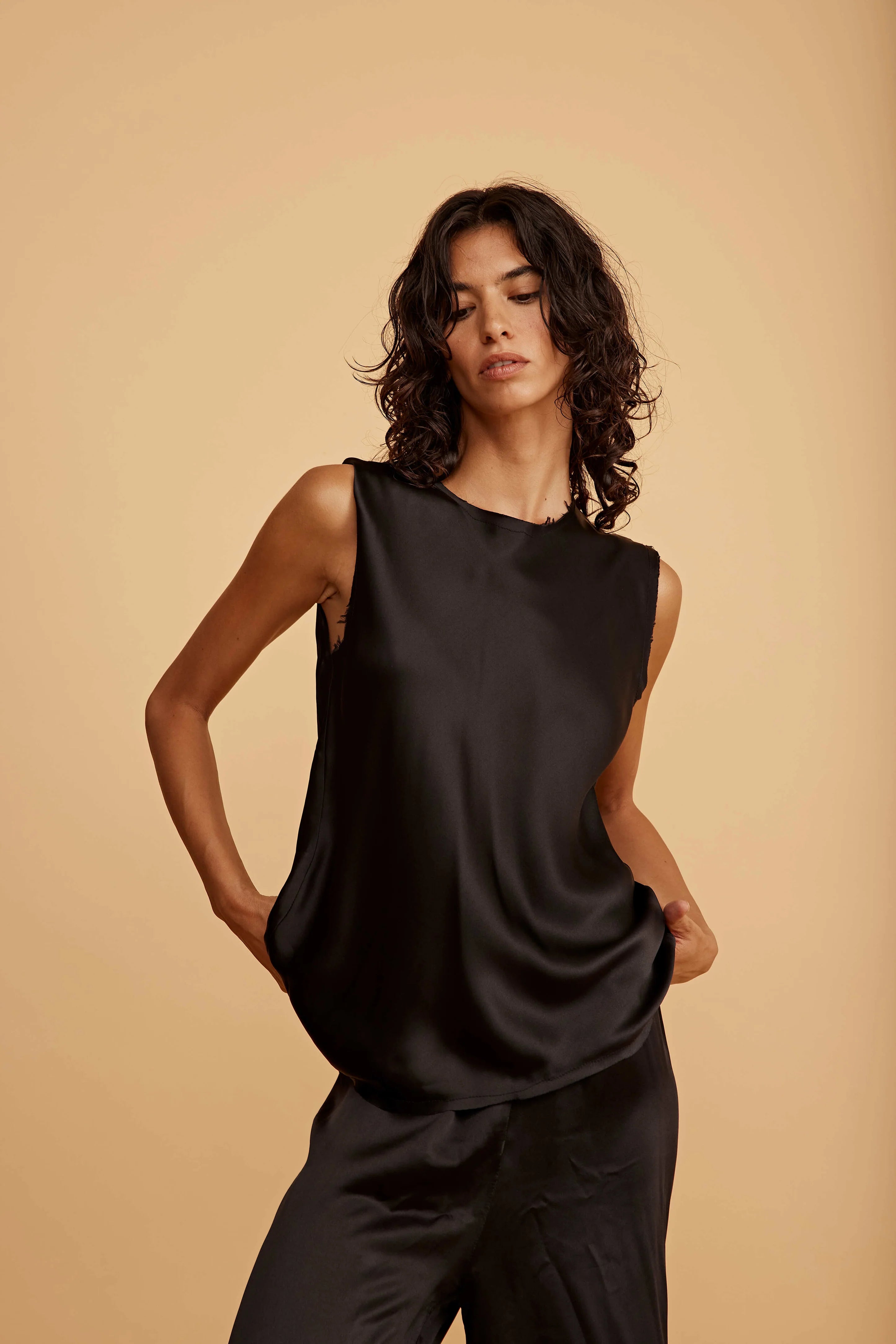 Black Carine raw hem 100% silk tank by All Three from Blackbird Collection's sustainable tops