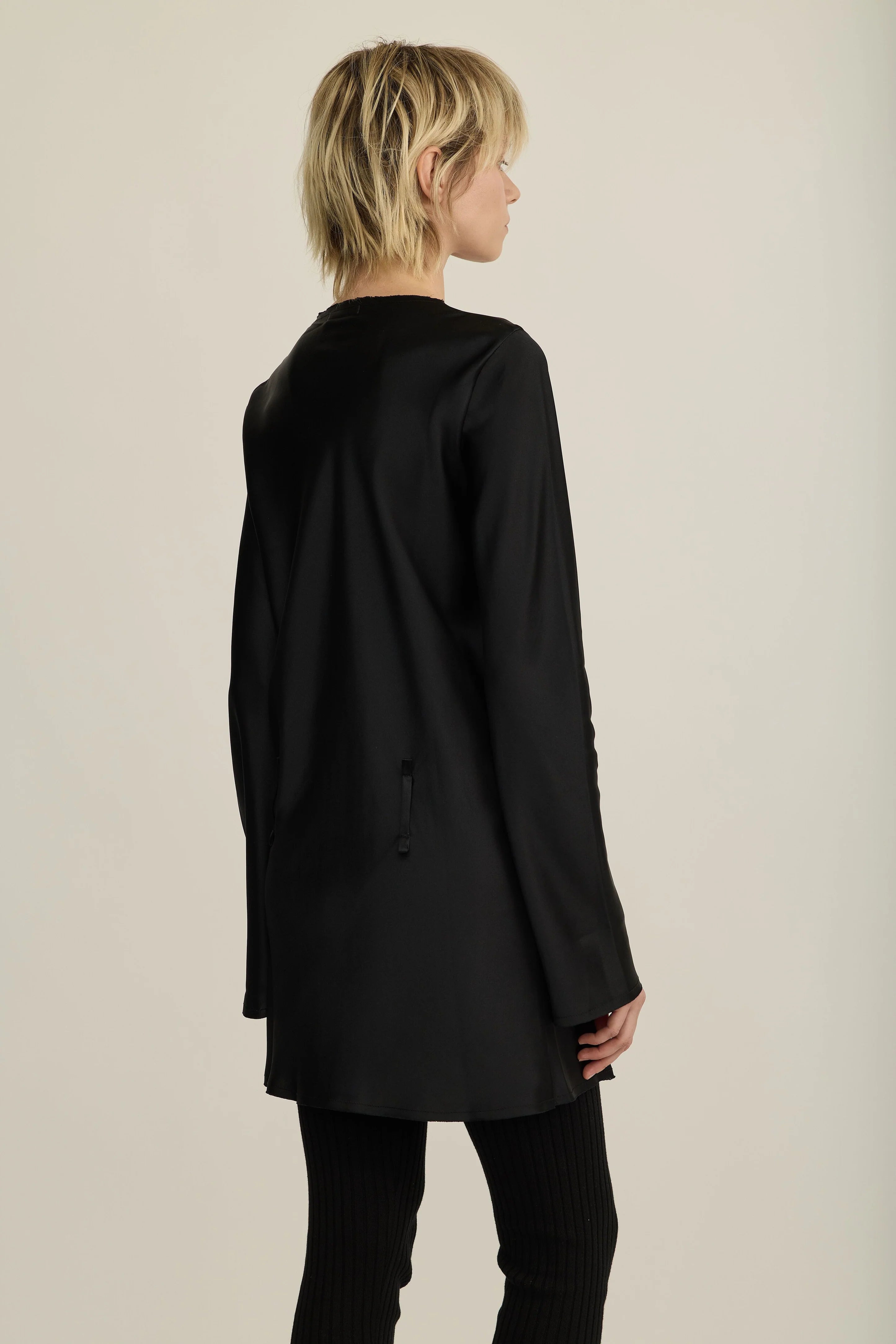 Saga black long sleeve 70's belt mini dress in 100% silk by All Three from Blackbird Collection's sustainable dresses
