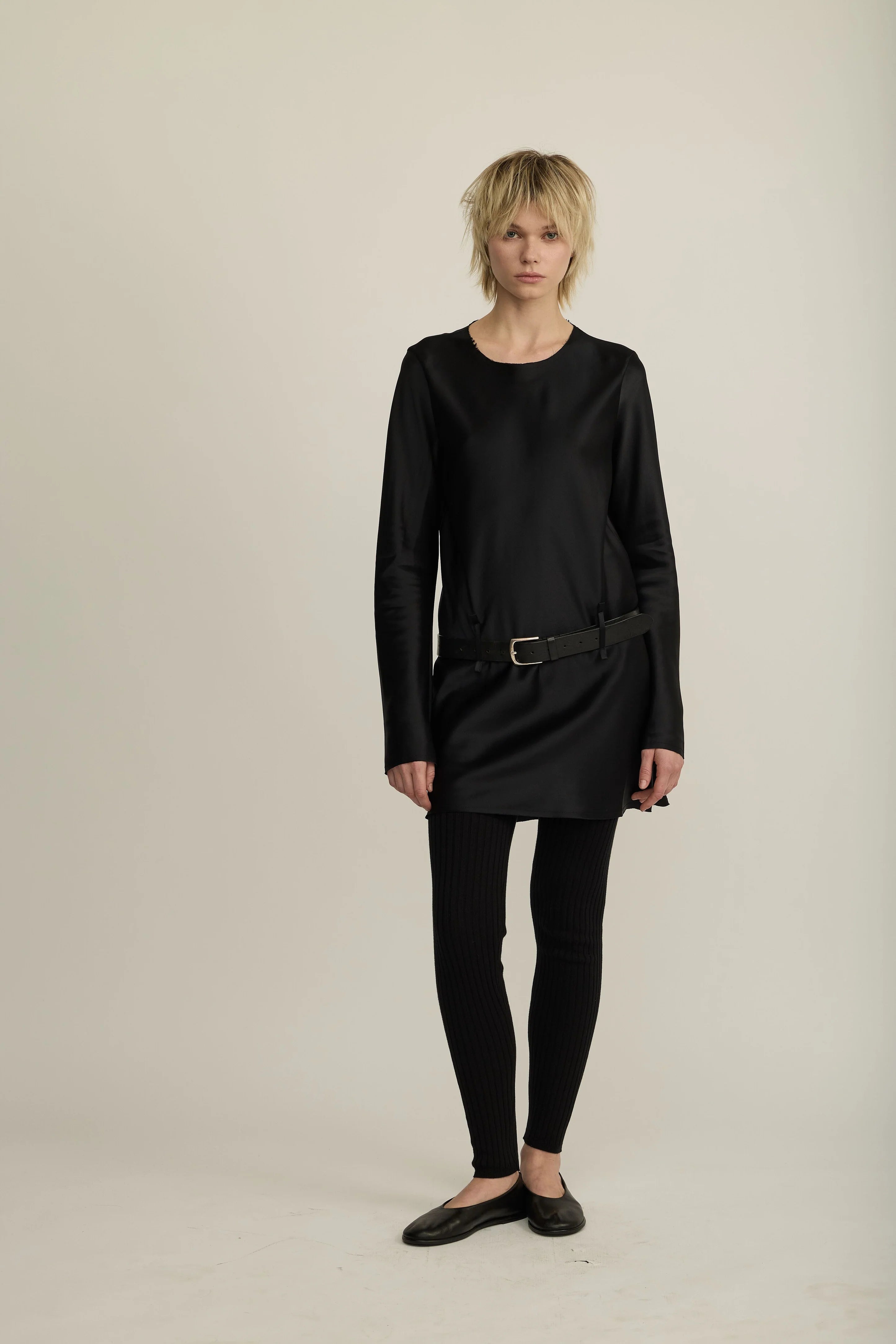 Saga black long sleeve 70's belt mini dress in 100% silk by All Three from Blackbird Collection's sustainable dresses