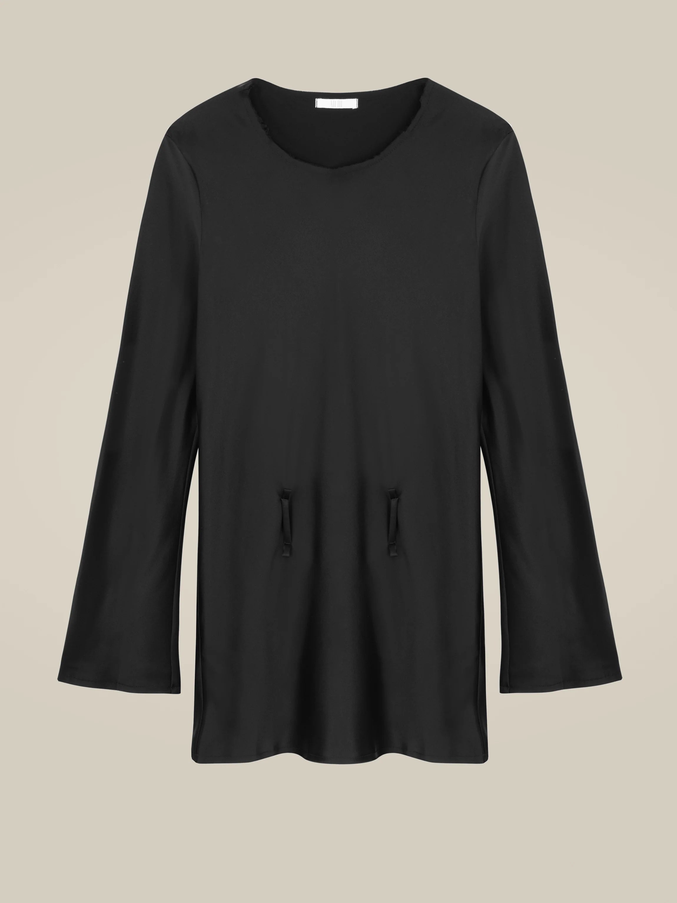 Saga black long sleeve 70's belt mini dress in 100% silk by All Three from Blackbird Collection's sustainable dresses