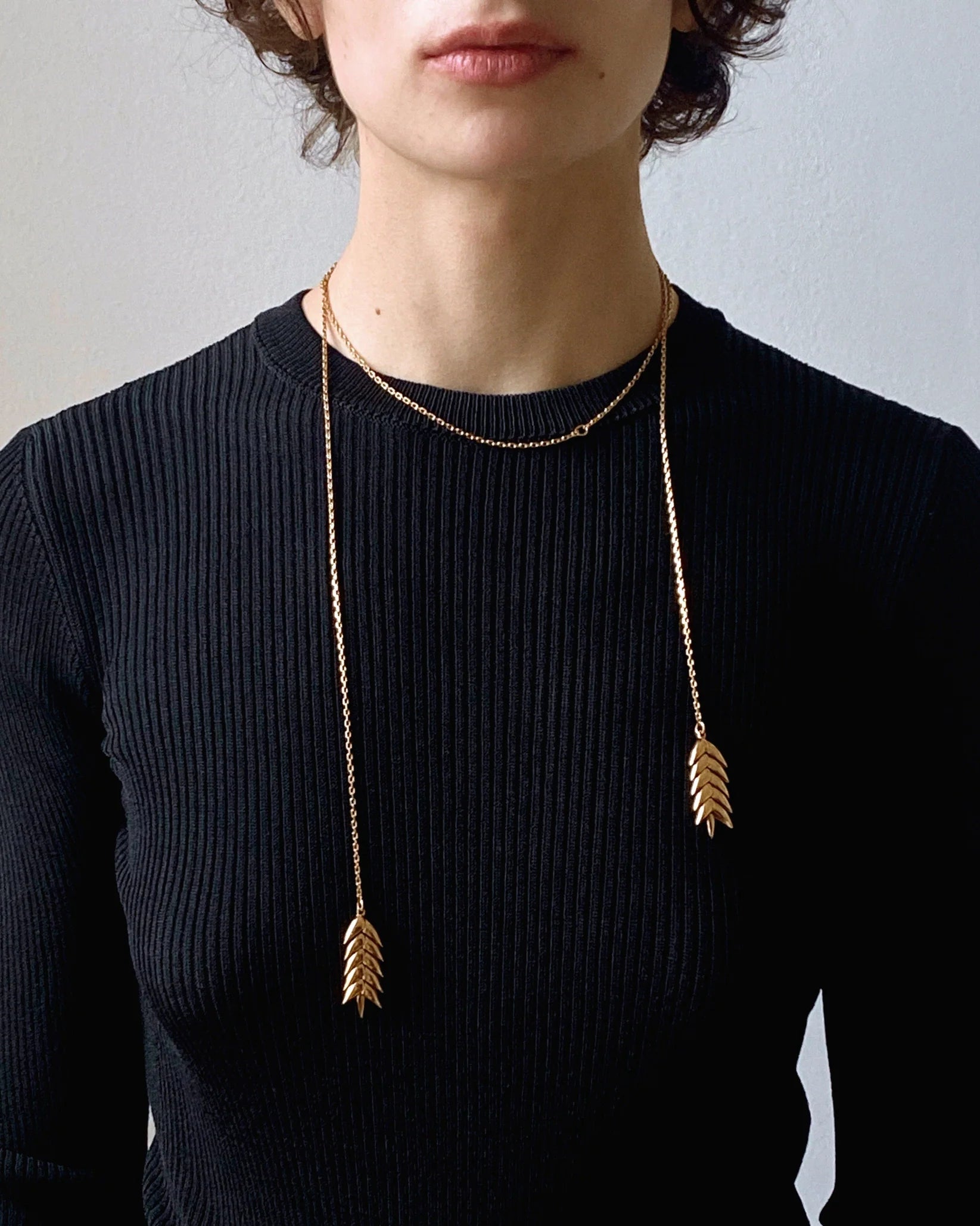 Spikelet long pendant necklace in gold by Bevza from Blackbird Collection's sustainable jewelry and accessories